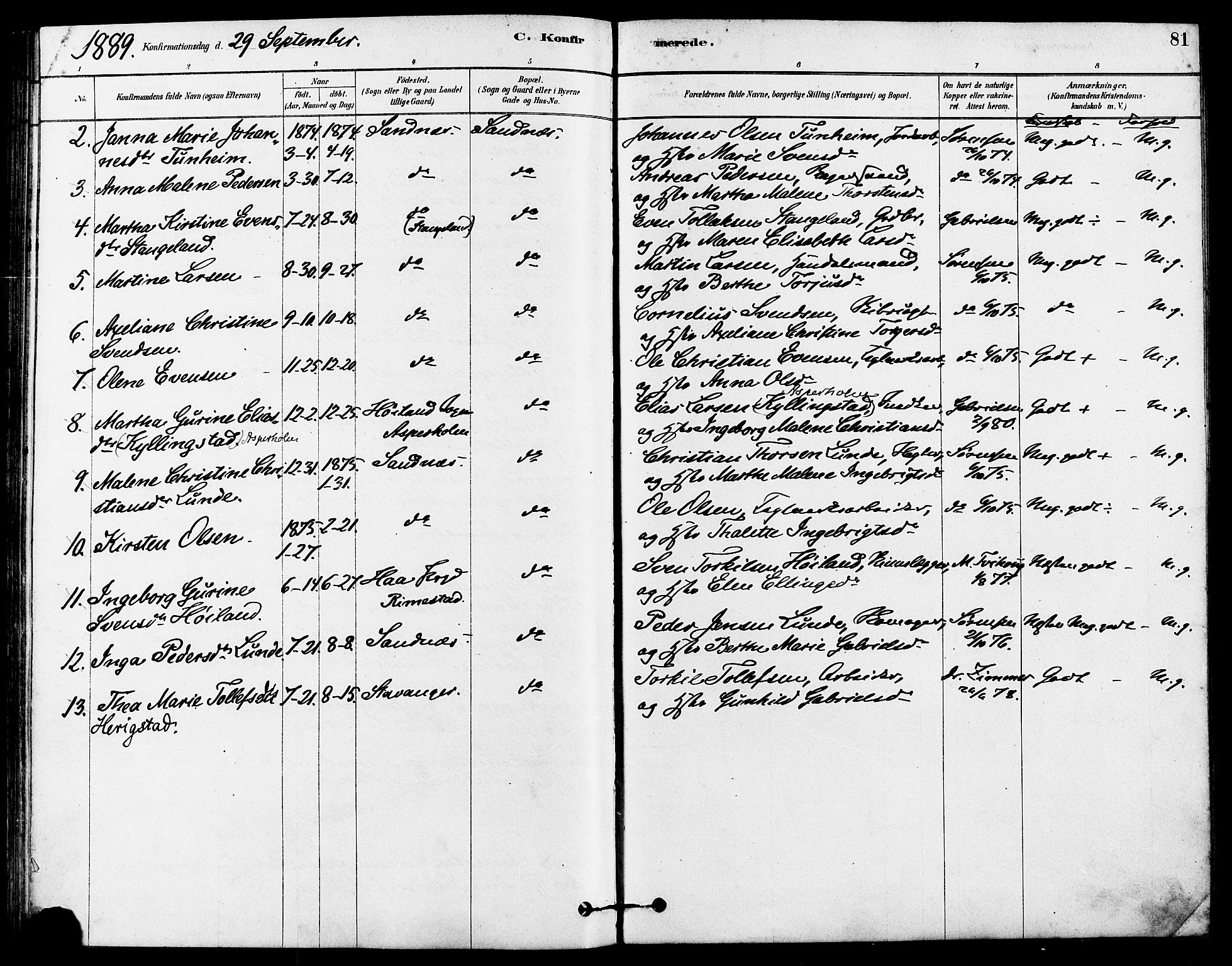 Høyland sokneprestkontor, SAST/A-101799/001/30BA/L0012: Parish register (official) no. A 11, 1878-1889, p. 81