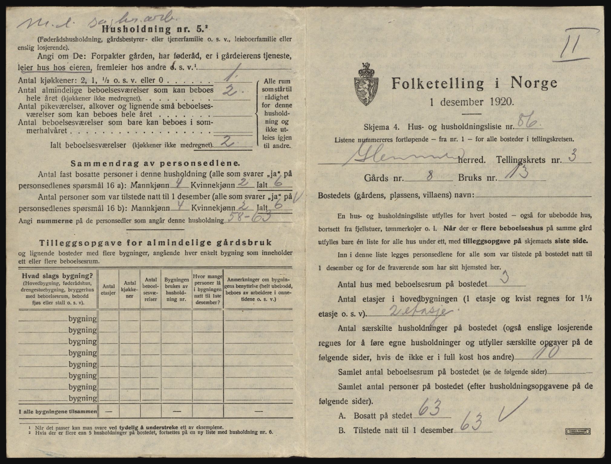 SAO, 1920 census for Glemmen, 1920, p. 625