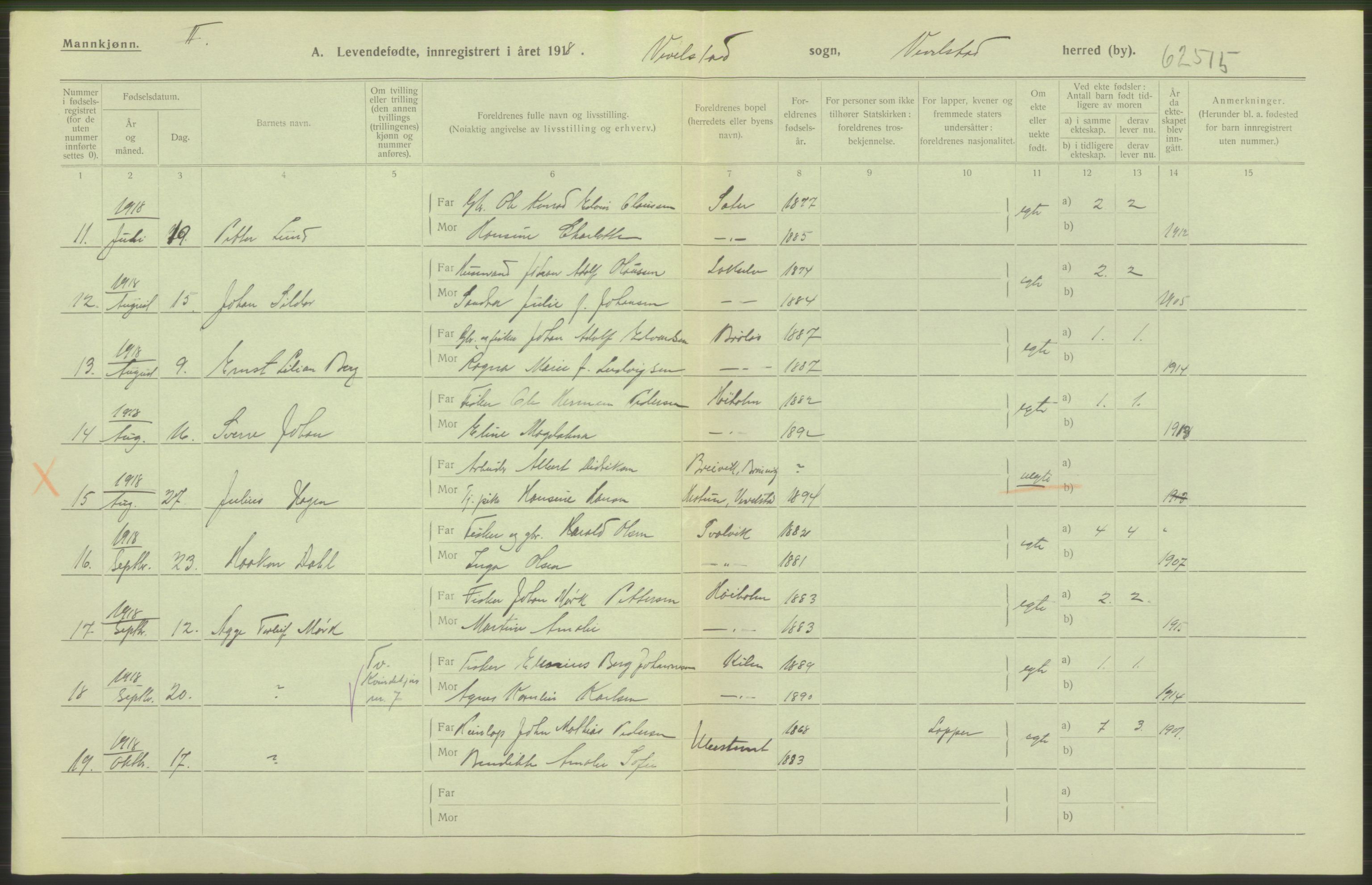 Statistisk sentralbyrå, Sosiodemografiske emner, Befolkning, RA/S-2228/D/Df/Dfb/Dfbh/L0052: Nordland fylke: Levendefødte menn og kvinner. Bygder., 1918, p. 48