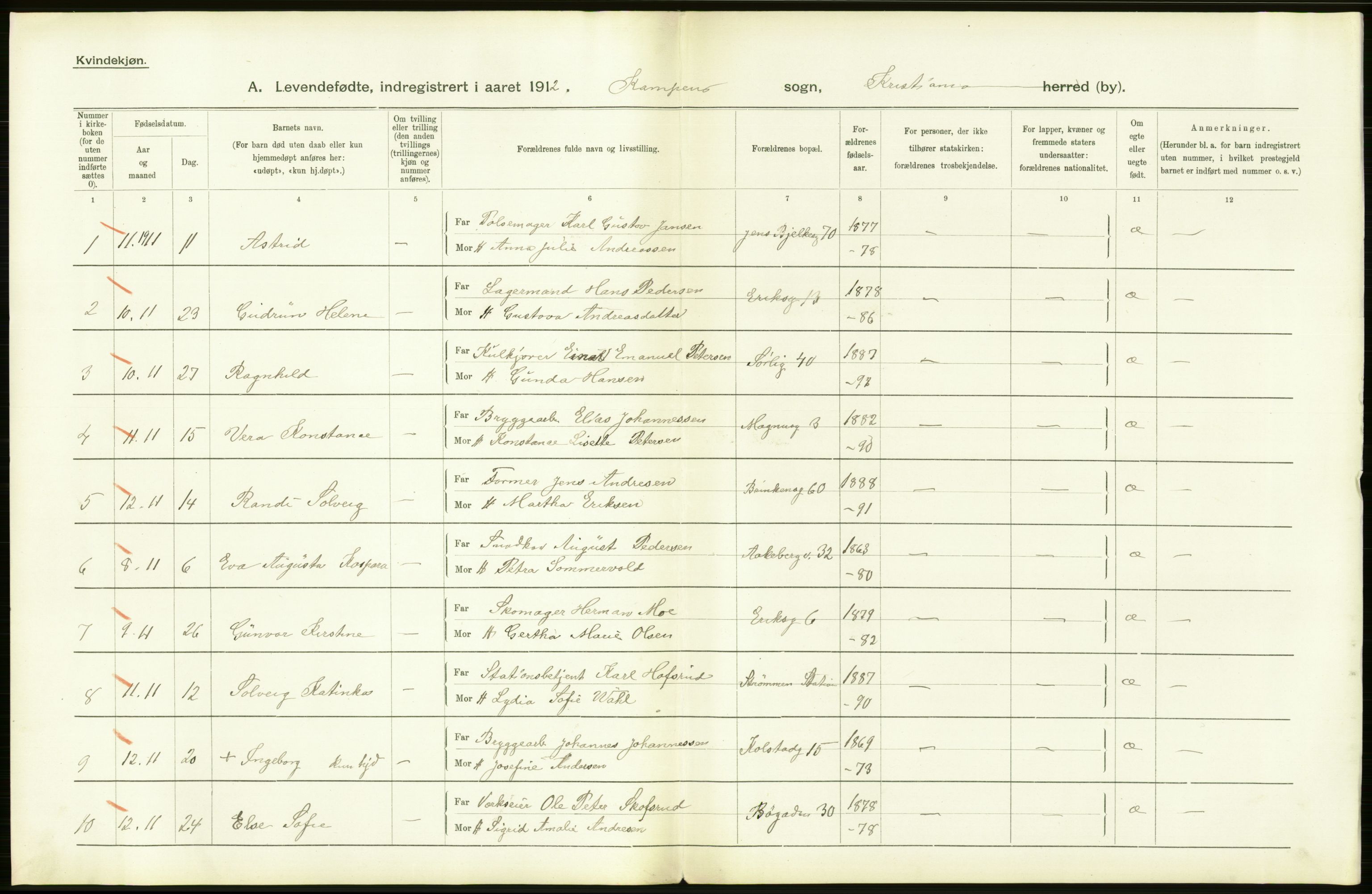 Statistisk sentralbyrå, Sosiodemografiske emner, Befolkning, RA/S-2228/D/Df/Dfb/Dfbb/L0006: Kristiania:  Levendefødte menn og kvinner., 1912, p. 398