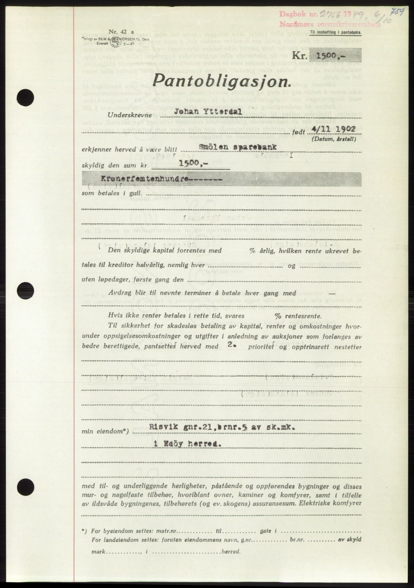 Nordmøre sorenskriveri, AV/SAT-A-4132/1/2/2Ca: Mortgage book no. B102, 1949-1949, Diary no: : 2756/1949