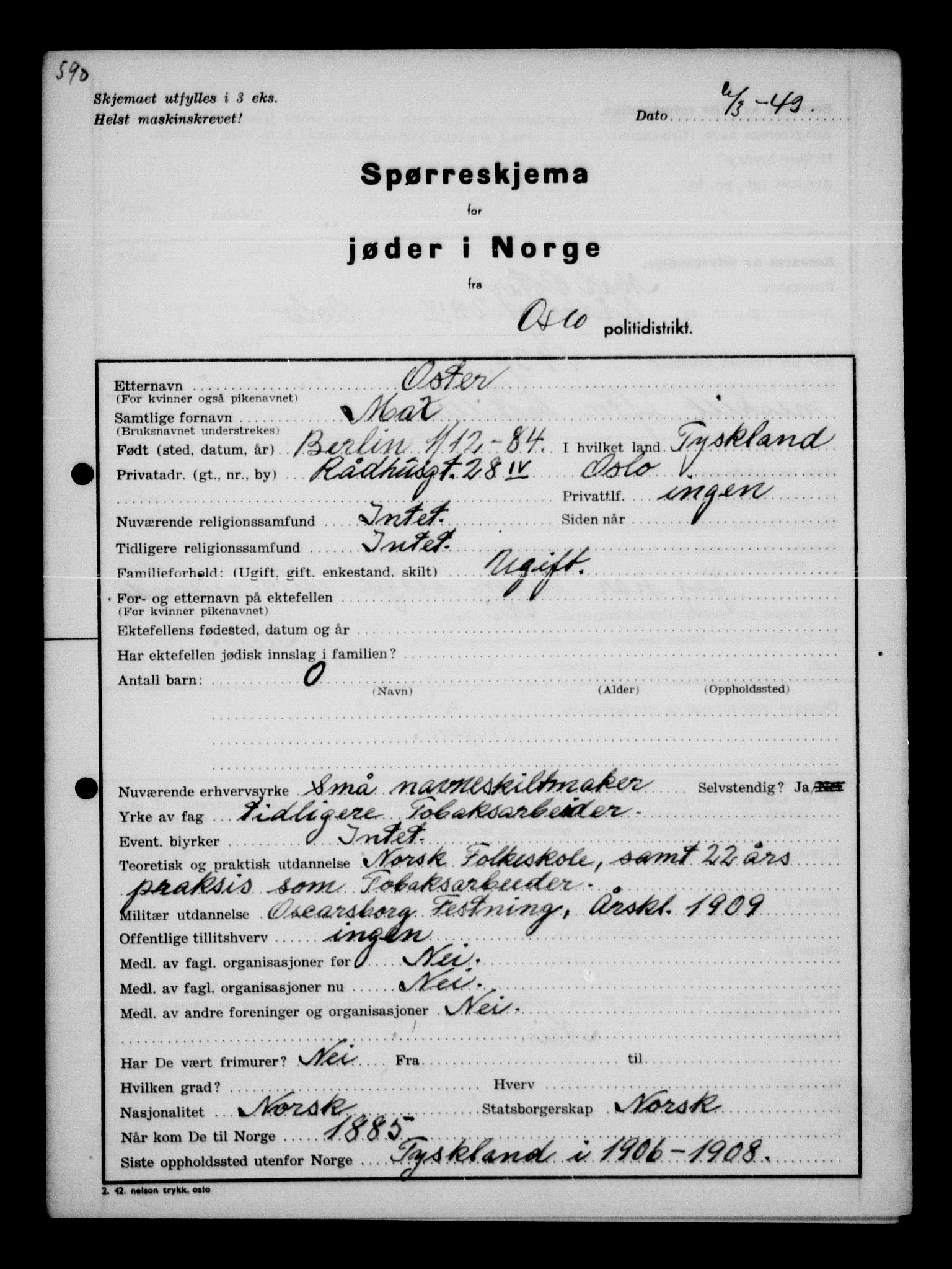 Statspolitiet - Hovedkontoret / Osloavdelingen, AV/RA-S-1329/G/Ga/L0010: Spørreskjema for jøder i Norge, Oslo Hansen-Pintzow, 1942, p. 990