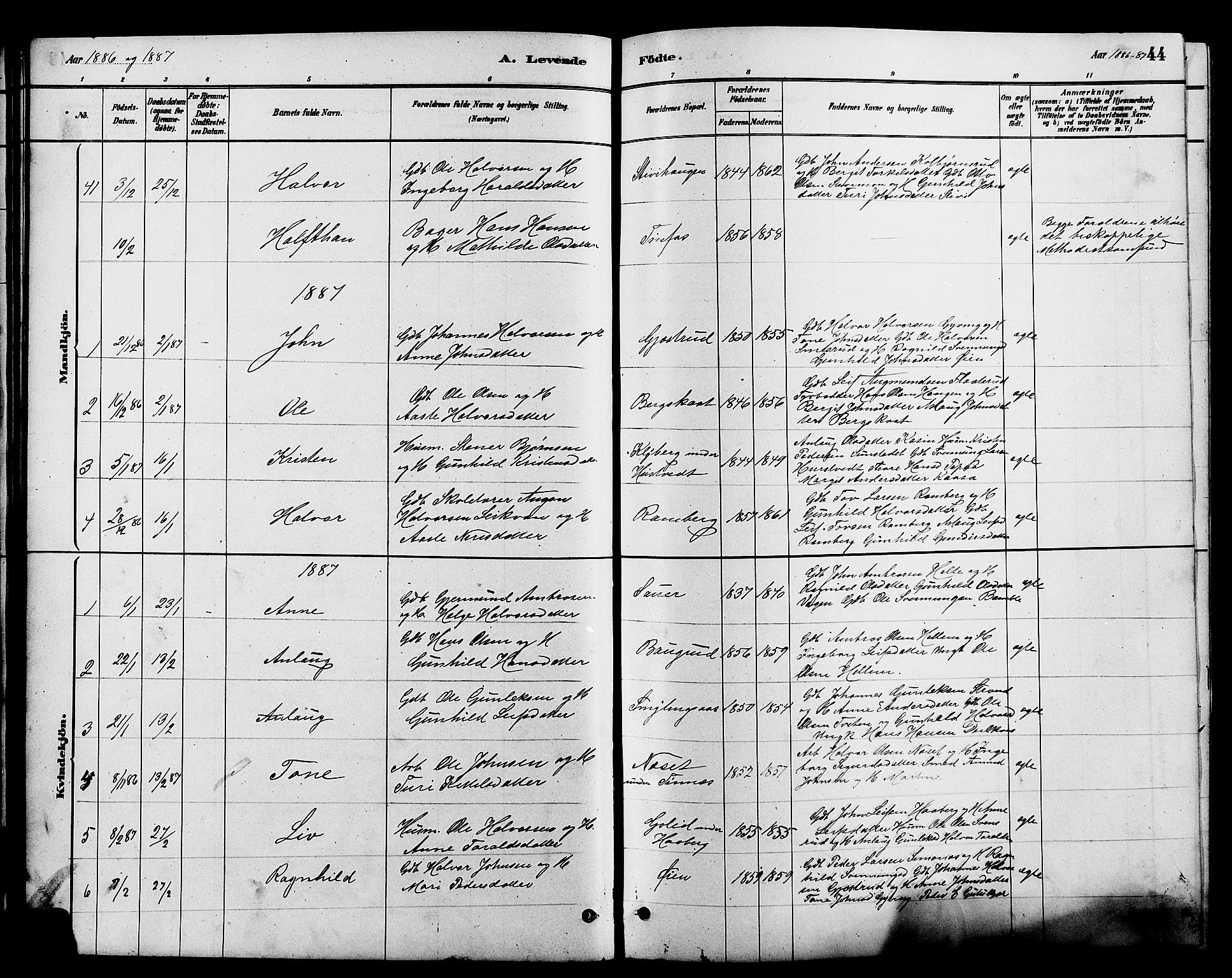 Heddal kirkebøker, SAKO/A-268/G/Ga/L0002: Parish register (copy) no. I 2, 1879-1908, p. 44