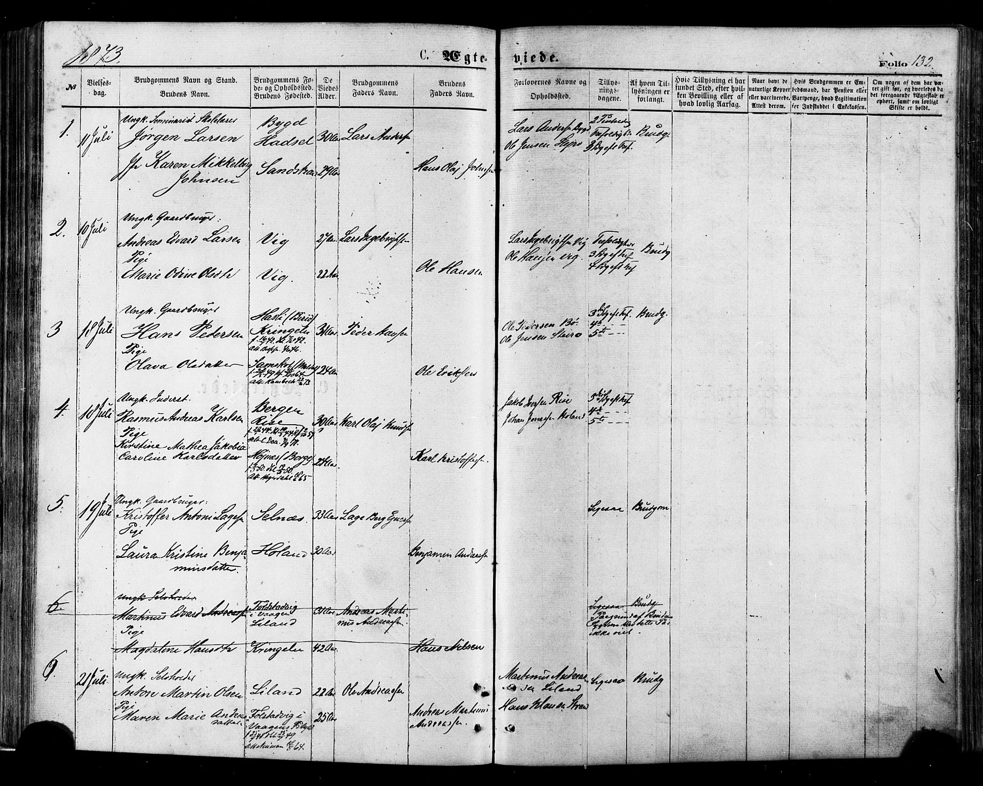 Ministerialprotokoller, klokkerbøker og fødselsregistre - Nordland, AV/SAT-A-1459/895/L1370: Parish register (official) no. 895A05, 1873-1884, p. 132