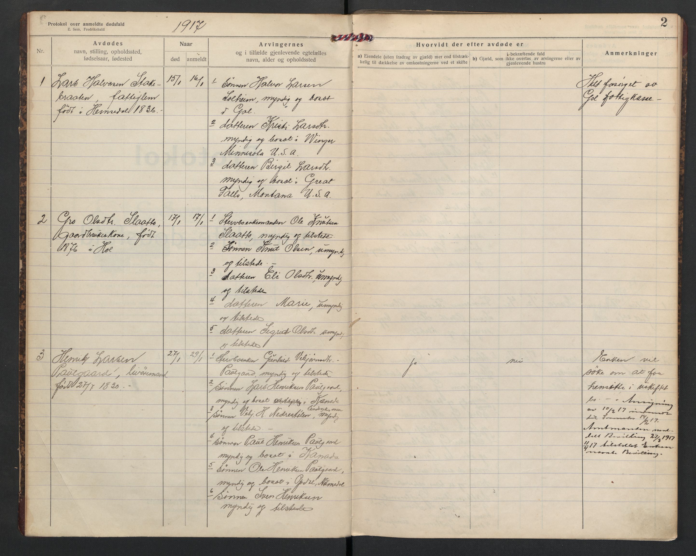 Hol lensmannskontor, SAKO/A-512/H/Ha/L0005: Dødsanmeldelsesprotokoll, 1917-1924, p. 2