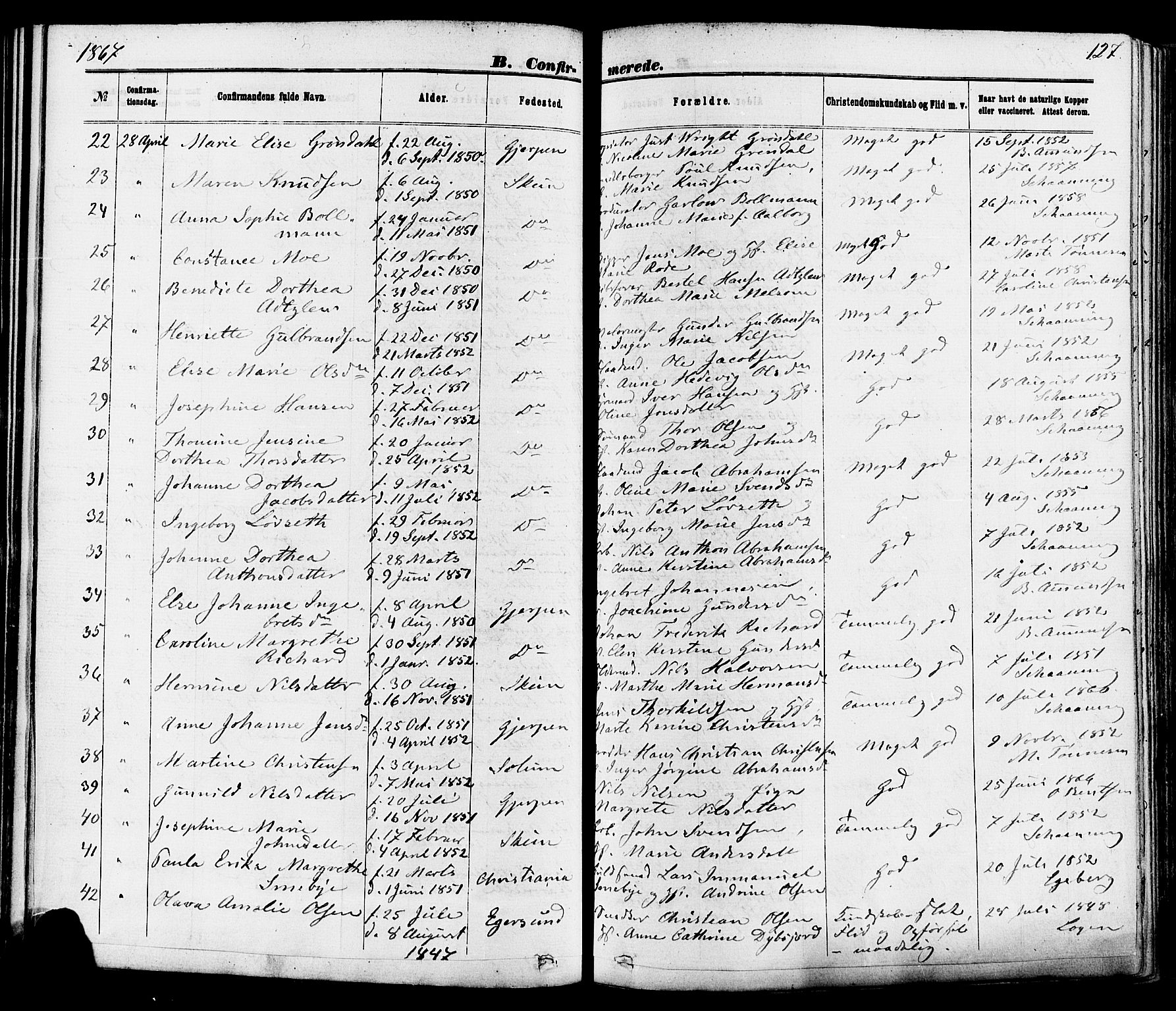 Skien kirkebøker, SAKO/A-302/F/Fa/L0008: Parish register (official) no. 8, 1866-1877, p. 127