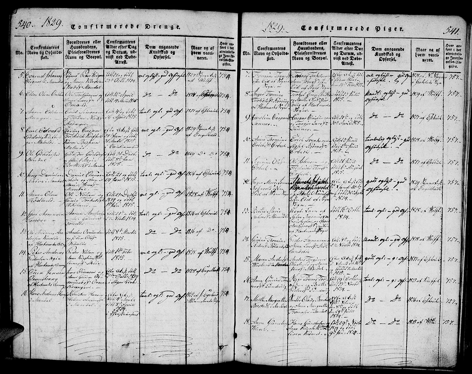Mandal sokneprestkontor, SAK/1111-0030/F/Fb/Fba/L0001: Parish register (copy) no. B 1, 1818-1830, p. 540-541
