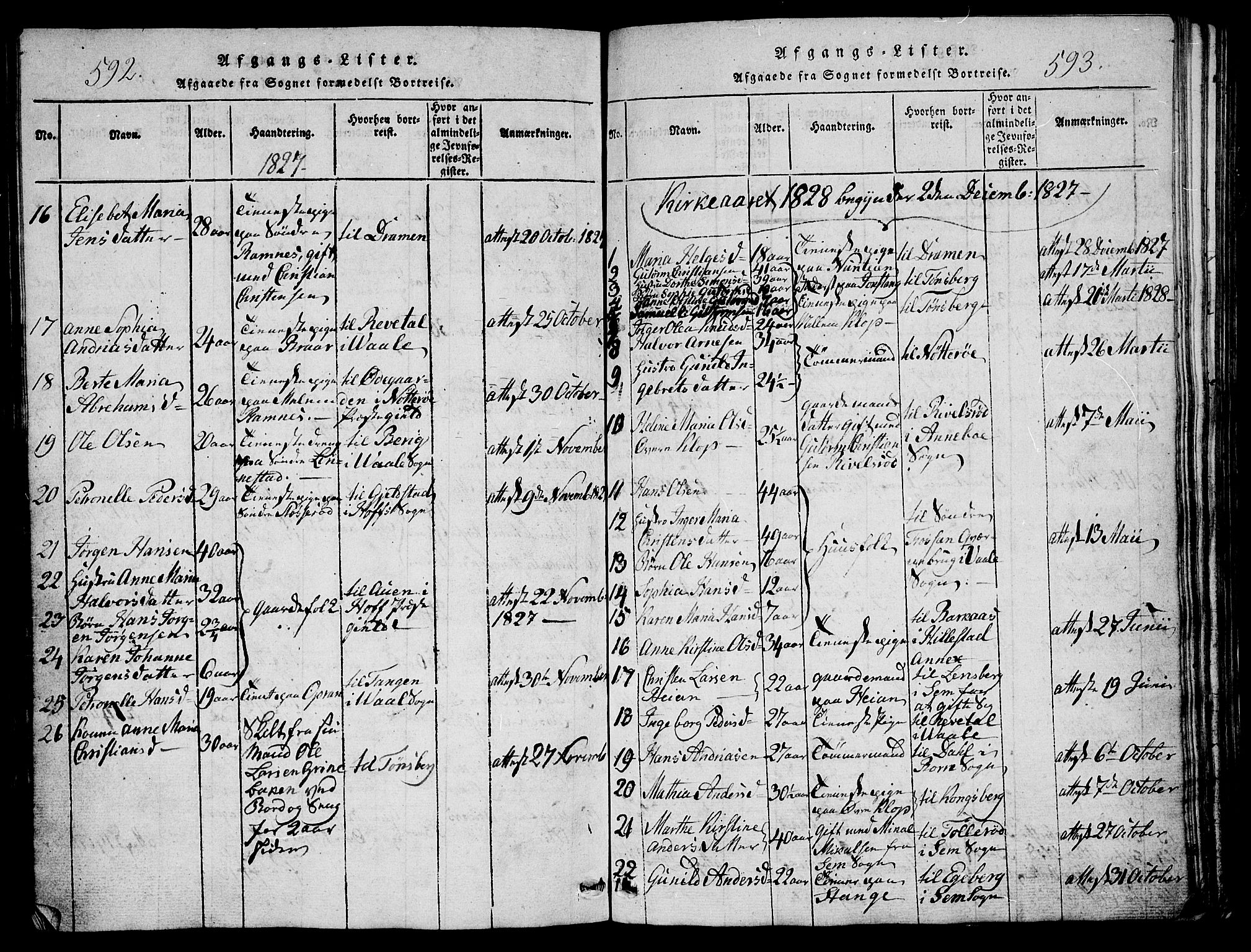 Ramnes kirkebøker, AV/SAKO-A-314/G/Ga/L0001: Parish register (copy) no. I 1, 1813-1847, p. 592-593