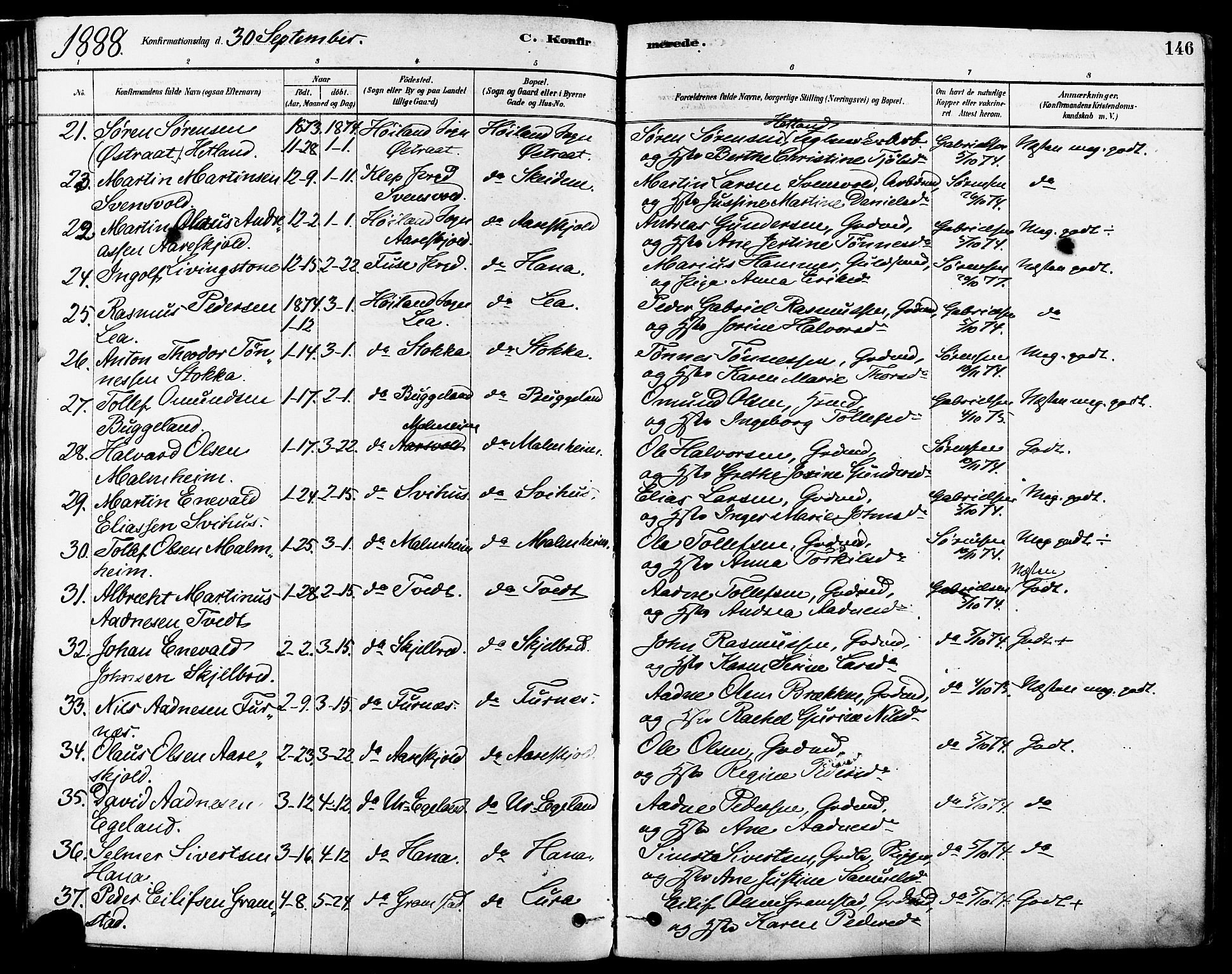 Høyland sokneprestkontor, SAST/A-101799/001/30BA/L0011: Parish register (official) no. A 10, 1878-1888, p. 146