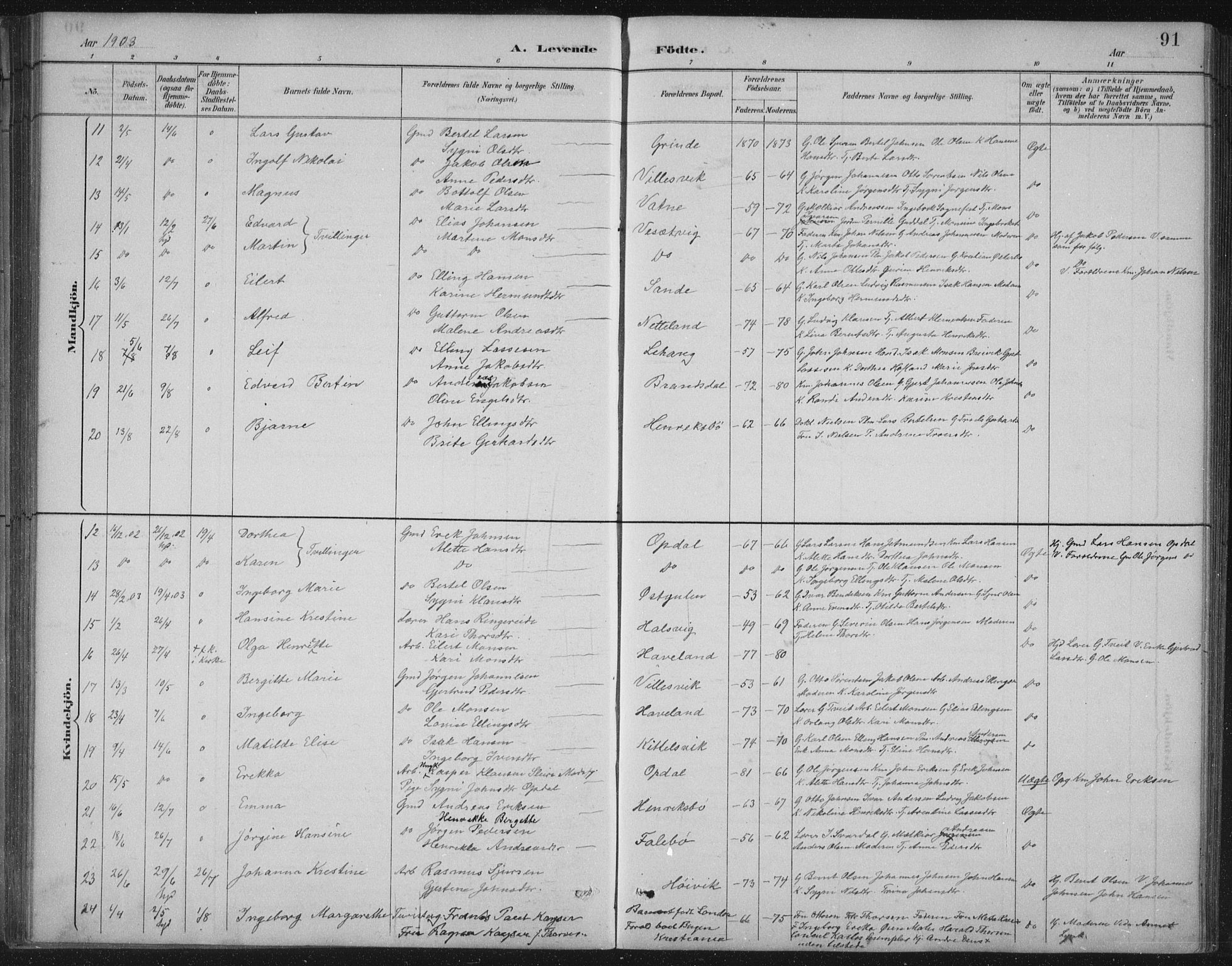 Gulen sokneprestembete, SAB/A-80201/H/Hab/Habb/L0003: Parish register (copy) no. B 3, 1884-1907, p. 91