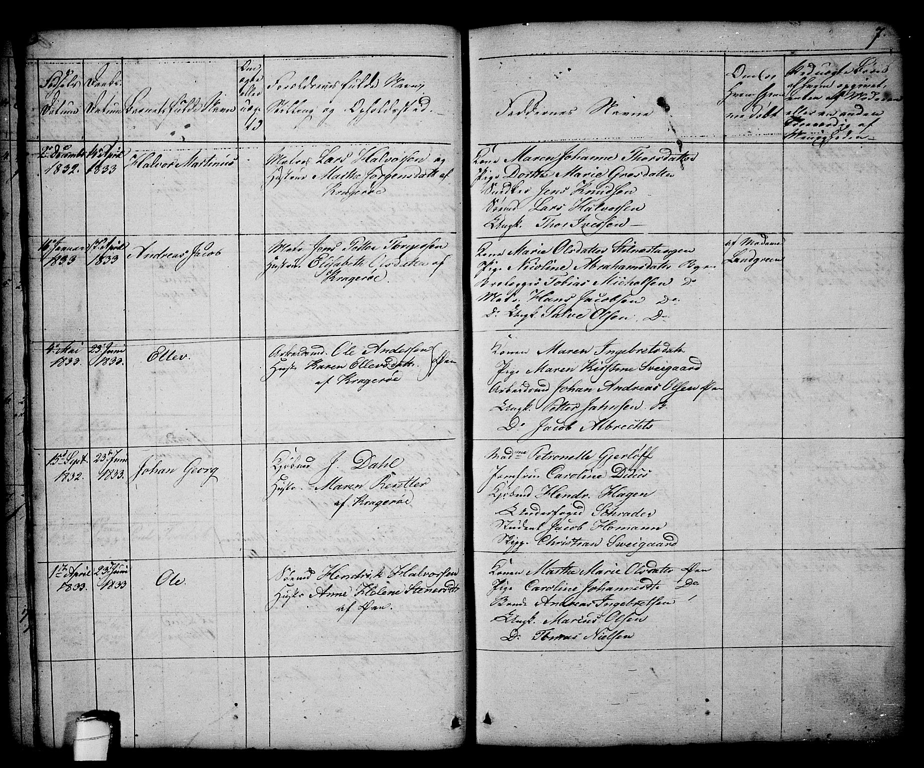 Kragerø kirkebøker, AV/SAKO-A-278/G/Ga/L0003: Parish register (copy) no. 3, 1832-1852, p. 7