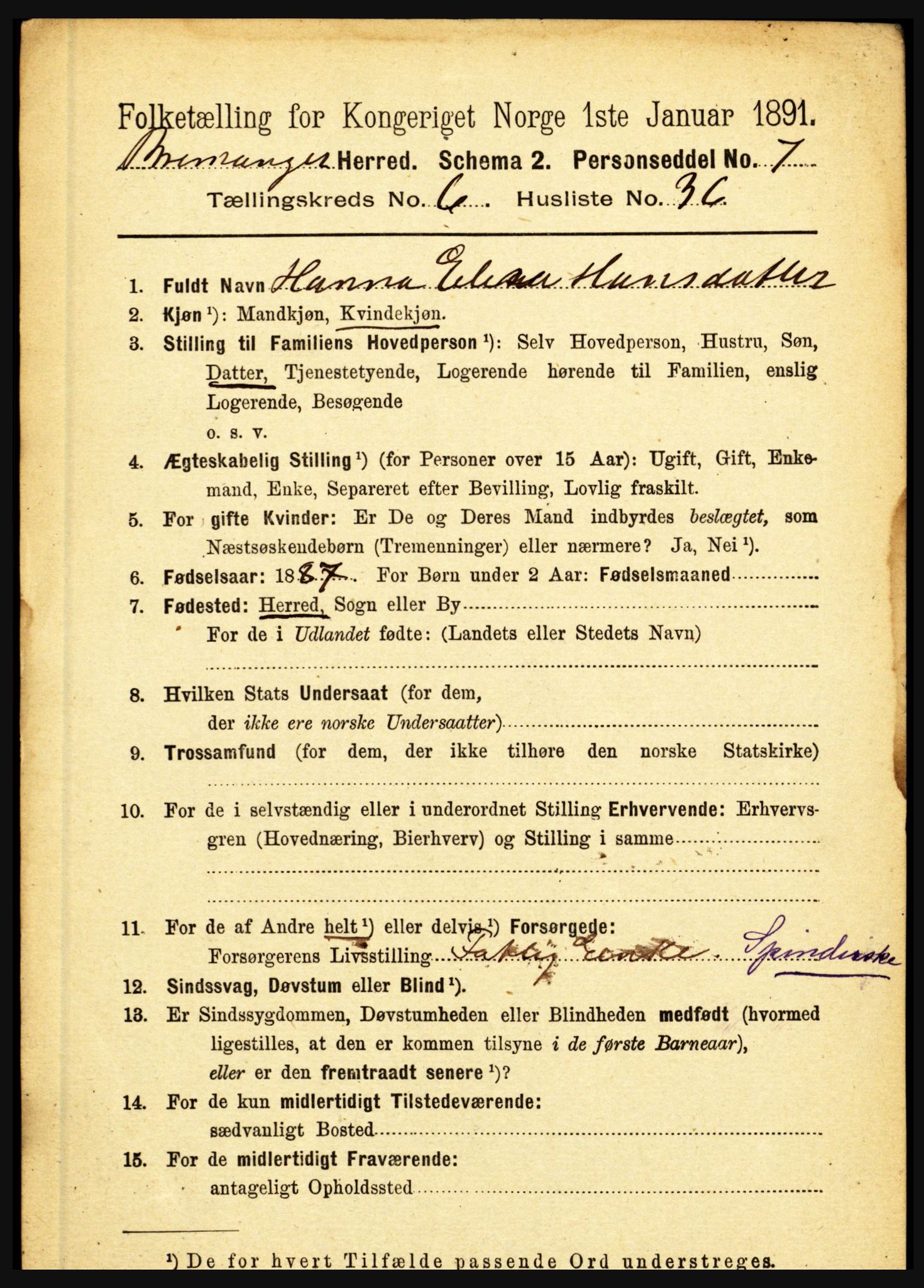 RA, 1891 census for 1438 Bremanger, 1891, p. 2598