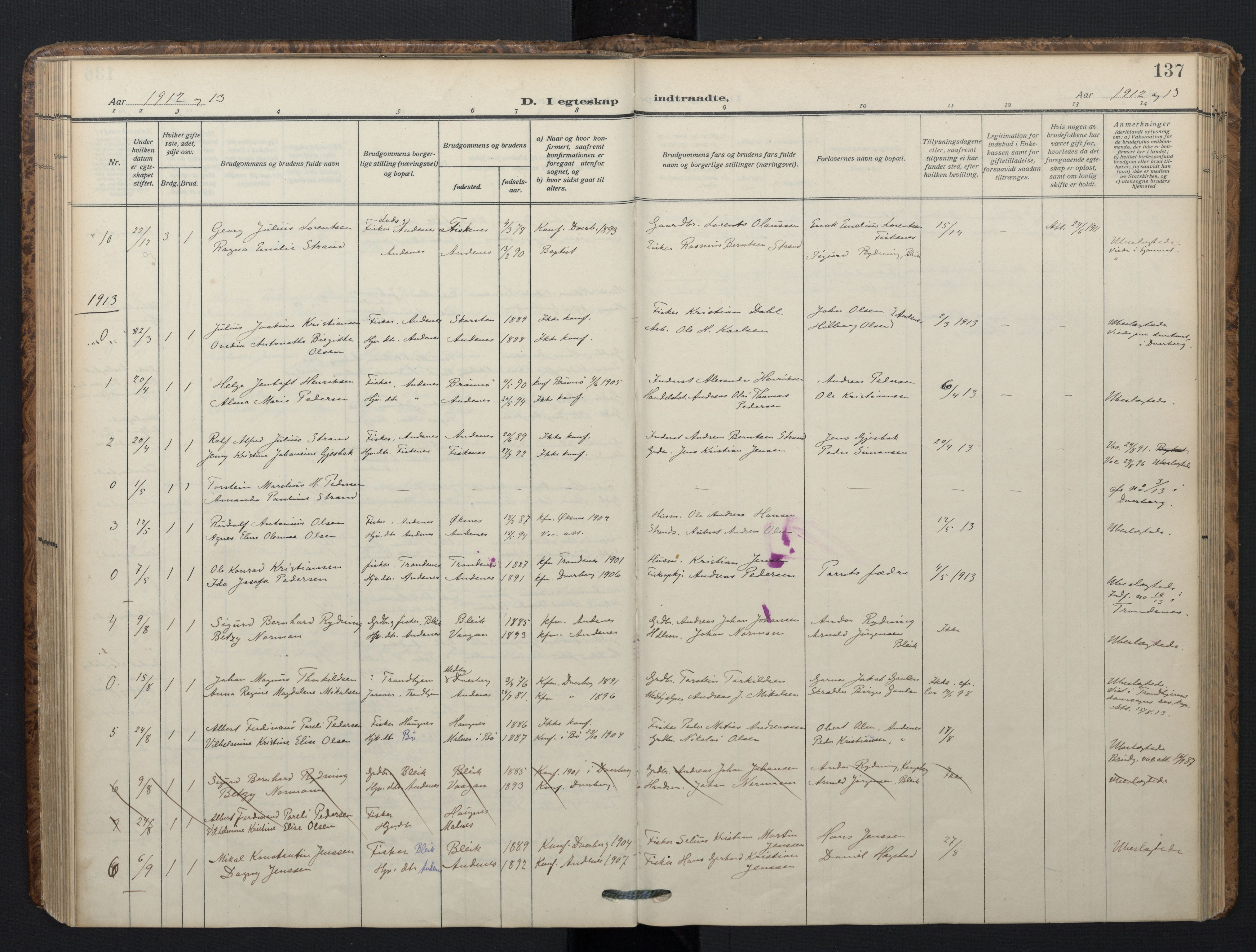 Ministerialprotokoller, klokkerbøker og fødselsregistre - Nordland, SAT/A-1459/899/L1438: Parish register (official) no. 899A06, 1909-1922, p. 137