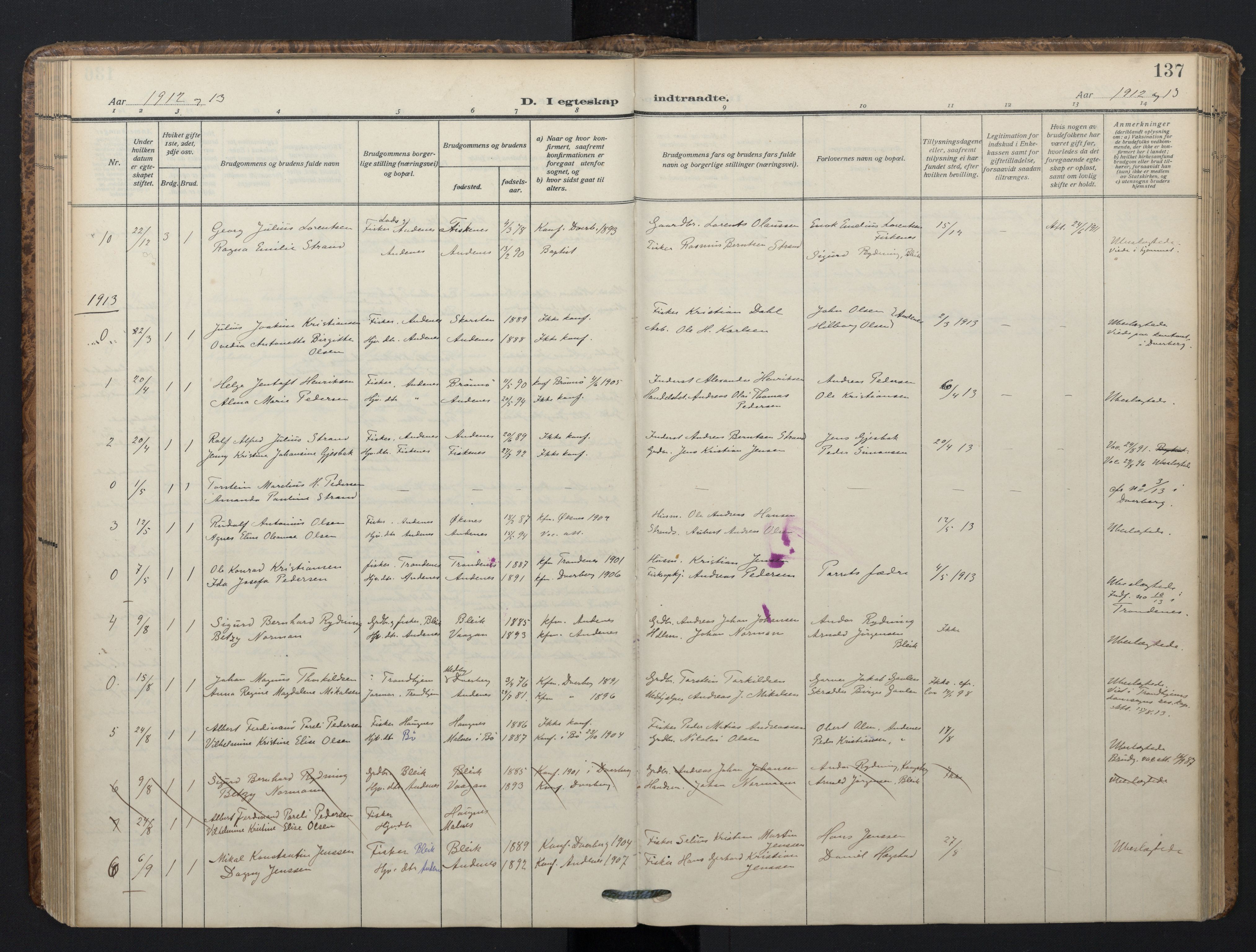 Ministerialprotokoller, klokkerbøker og fødselsregistre - Nordland, AV/SAT-A-1459/899/L1438: Parish register (official) no. 899A06, 1909-1922, p. 137