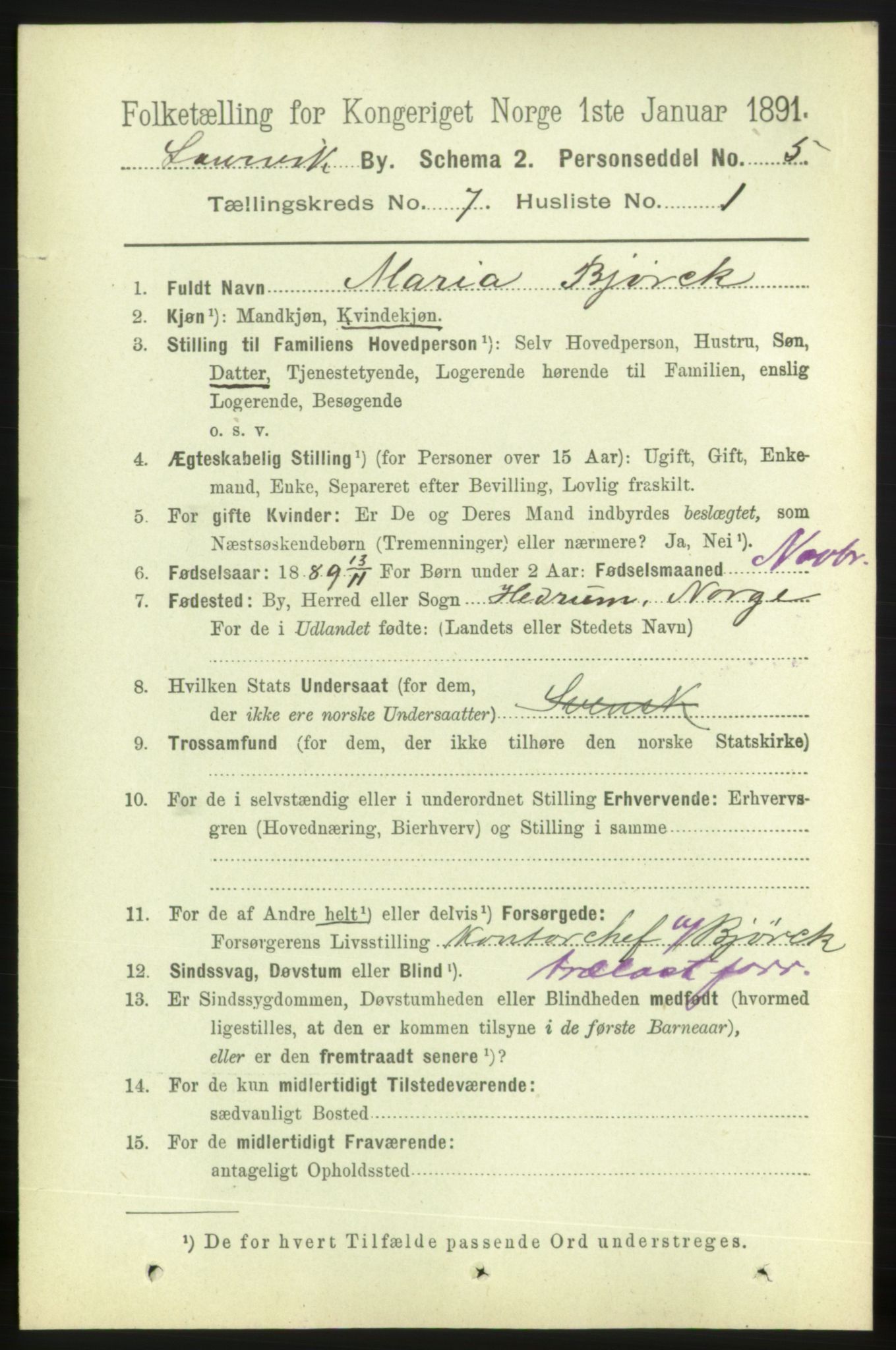 RA, 1891 census for 0707 Larvik, 1891, p. 7158