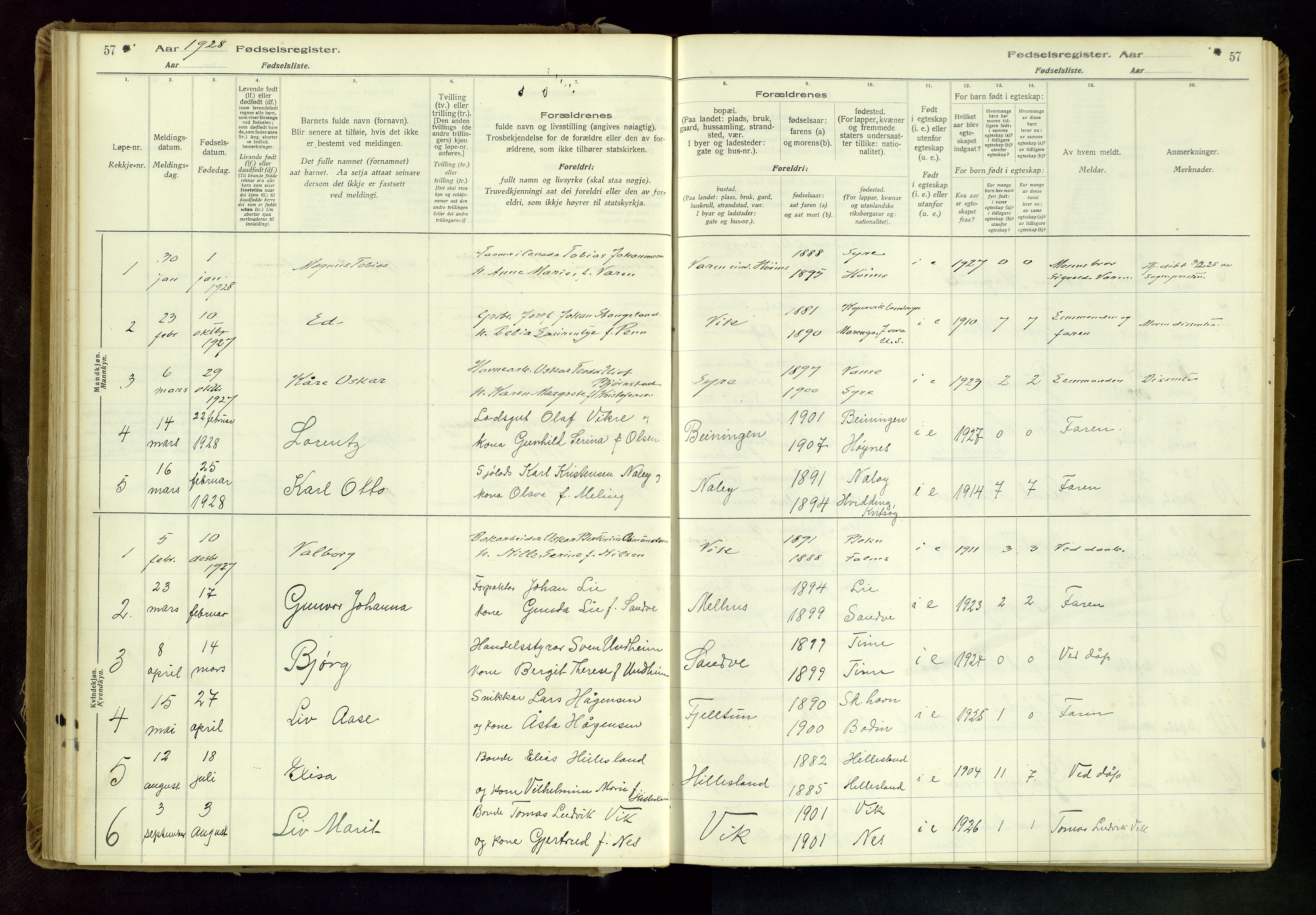 Skudenes sokneprestkontor, SAST/A -101849/I/Id/L0001: Birth register no. 1, 1916-1964, p. 57