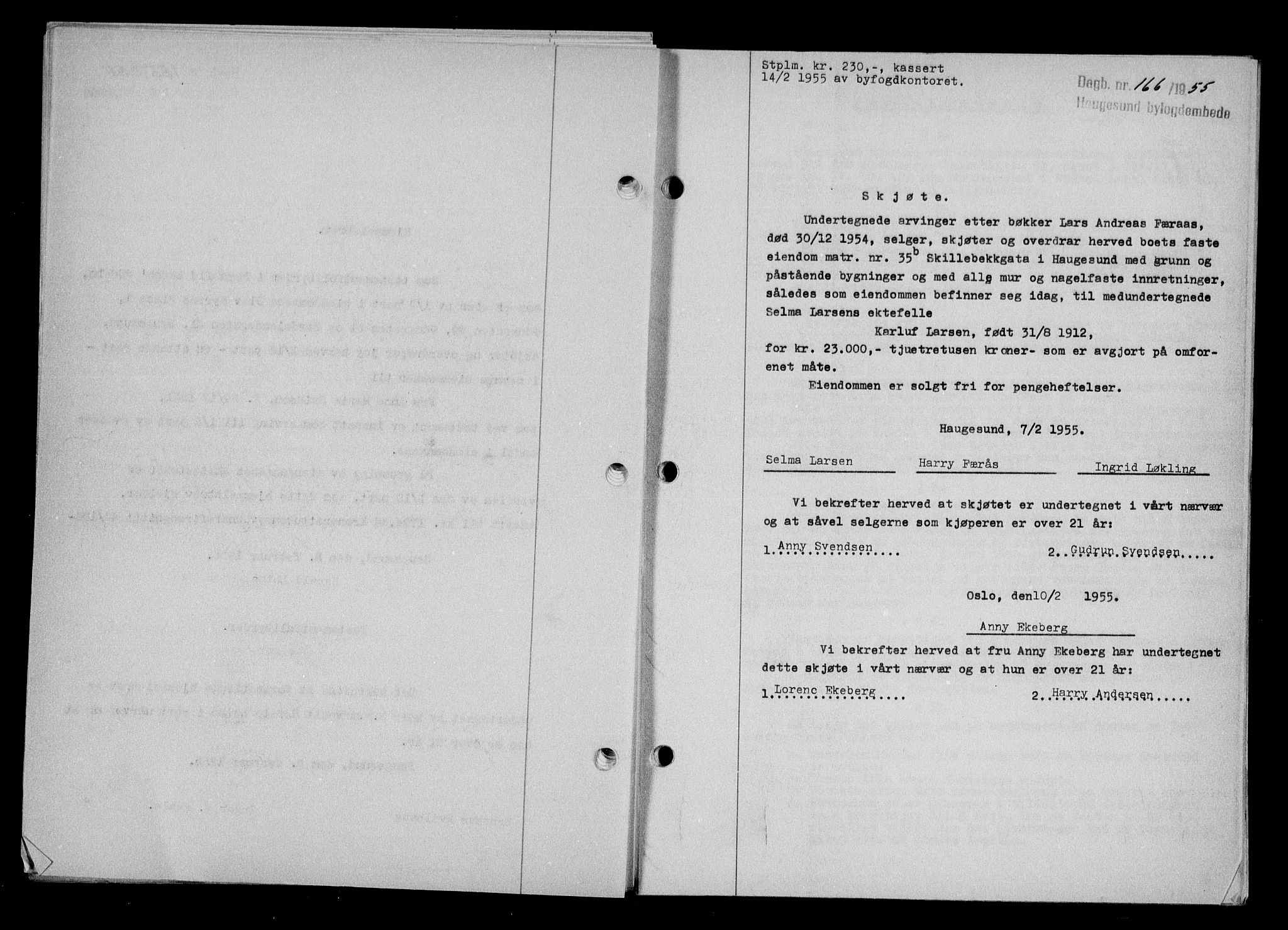 Haugesund tingrett, SAST/A-101415/01/II/IIC/L0067: Mortgage book no. A 8, 1954-1956, Diary no: : 166/1955