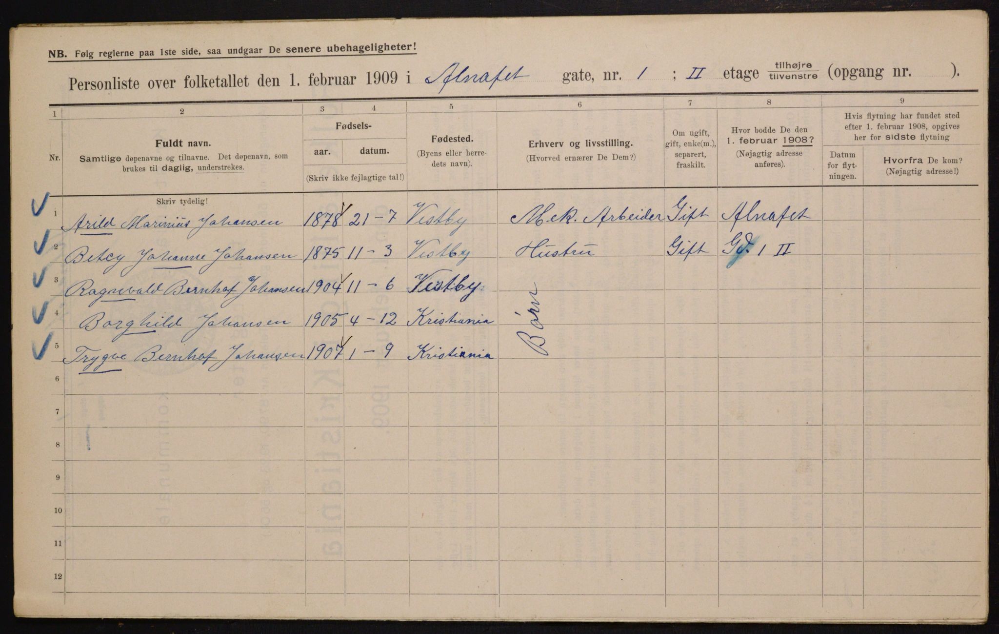 OBA, Municipal Census 1909 for Kristiania, 1909, p. 1035