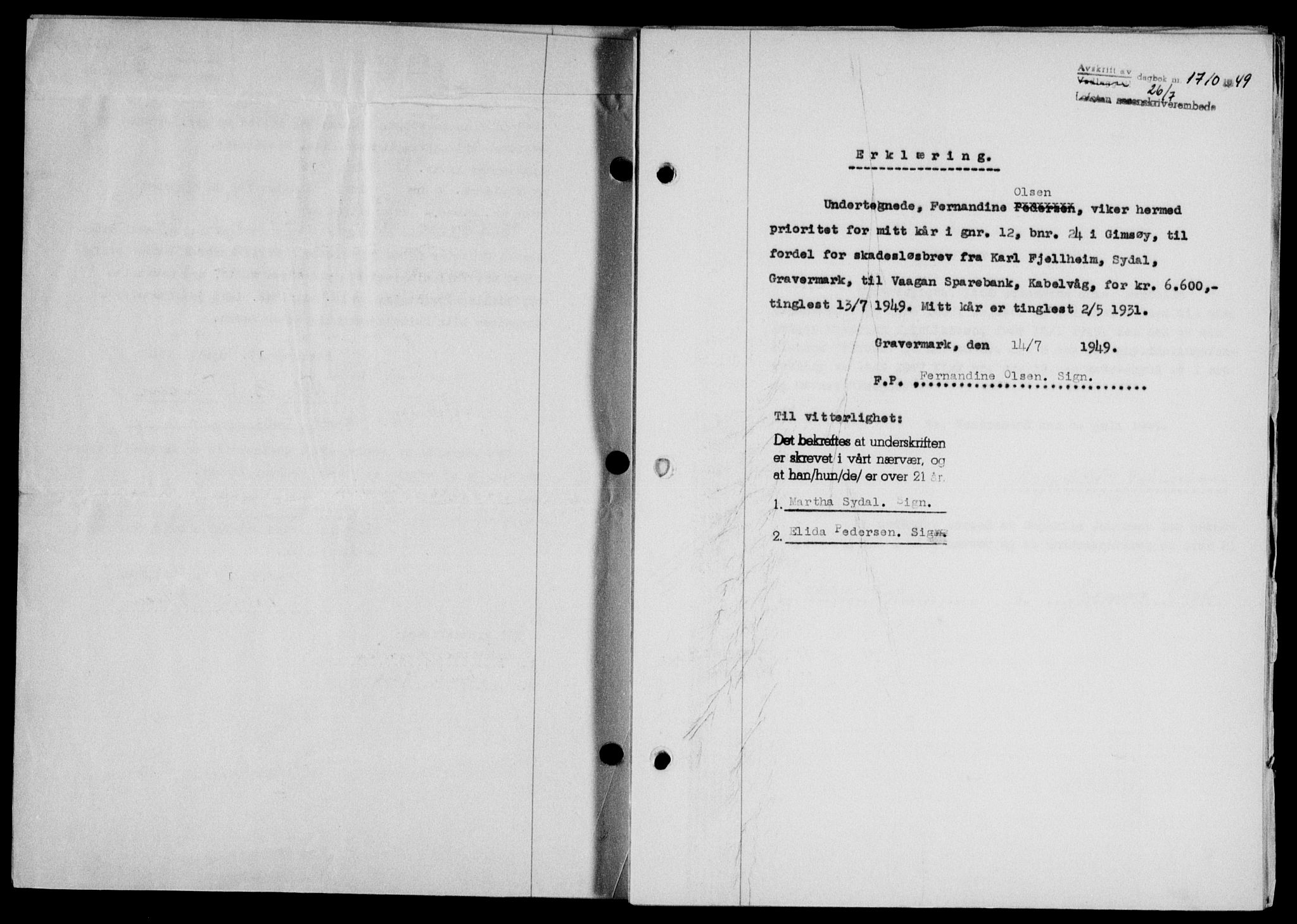 Lofoten sorenskriveri, SAT/A-0017/1/2/2C/L0021a: Mortgage book no. 21a, 1949-1949, Diary no: : 1710/1949