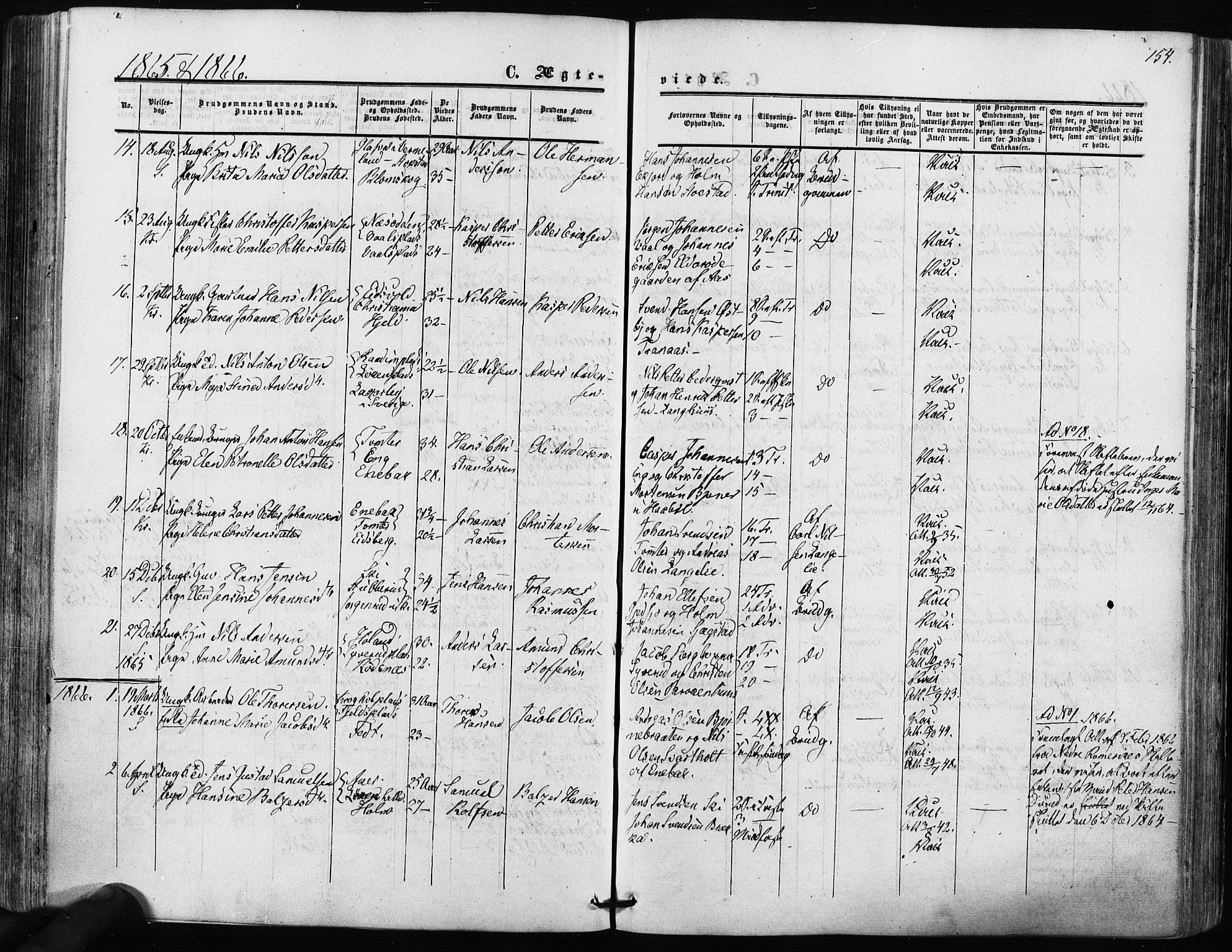 Kråkstad prestekontor Kirkebøker, SAO/A-10125a/F/Fa/L0007: Parish register (official) no. I 7, 1858-1870, p. 154