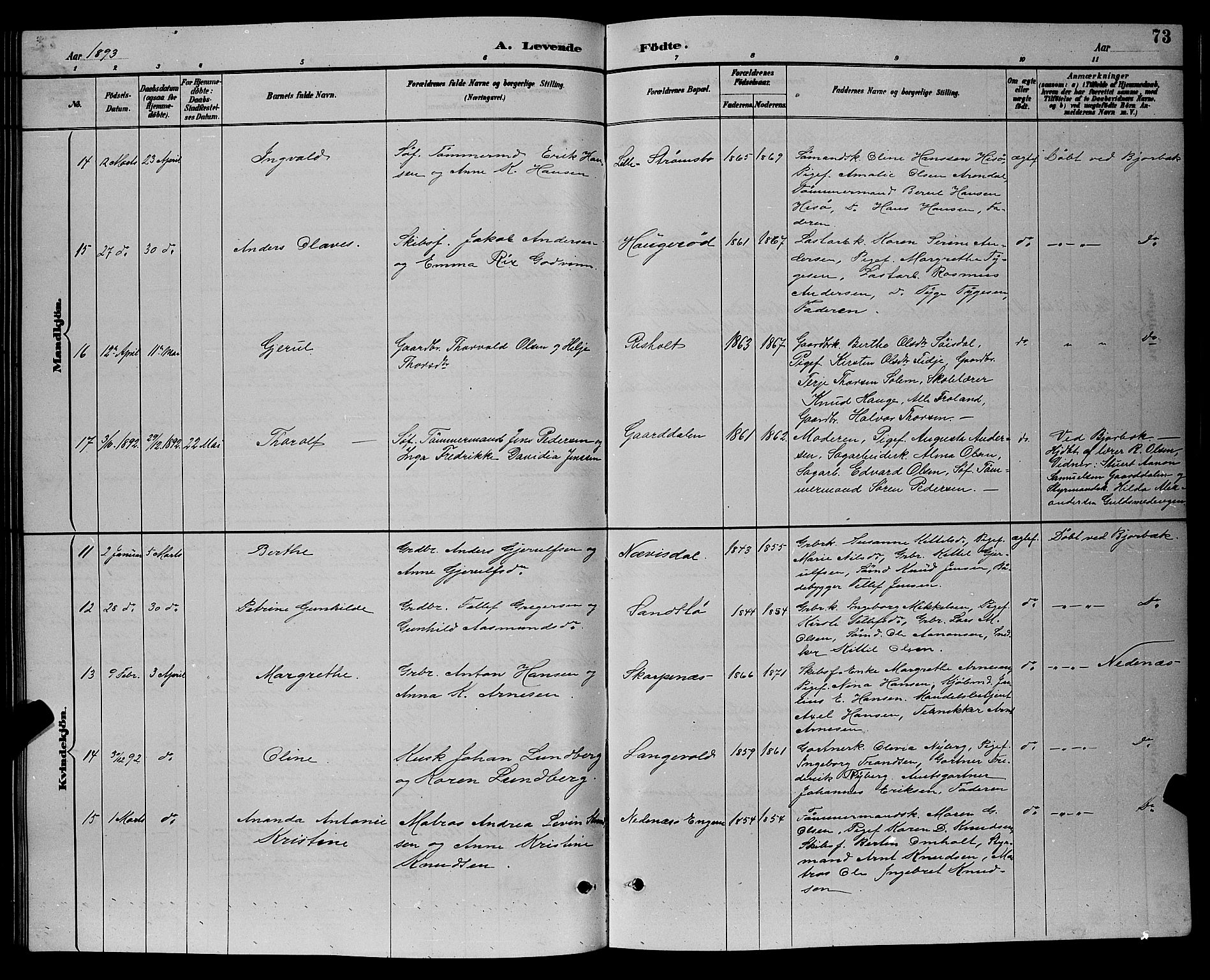 Øyestad sokneprestkontor, AV/SAK-1111-0049/F/Fb/L0009: Parish register (copy) no. B 9, 1886-1896, p. 73