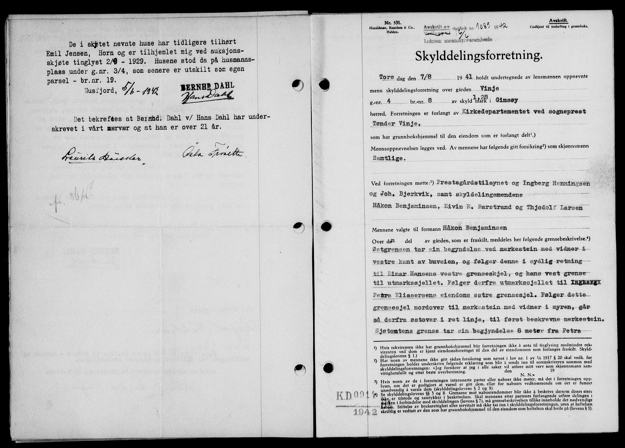 Lofoten sorenskriveri, SAT/A-0017/1/2/2C/L0010a: Mortgage book no. 10a, 1942-1943, Diary no: : 1085/1942