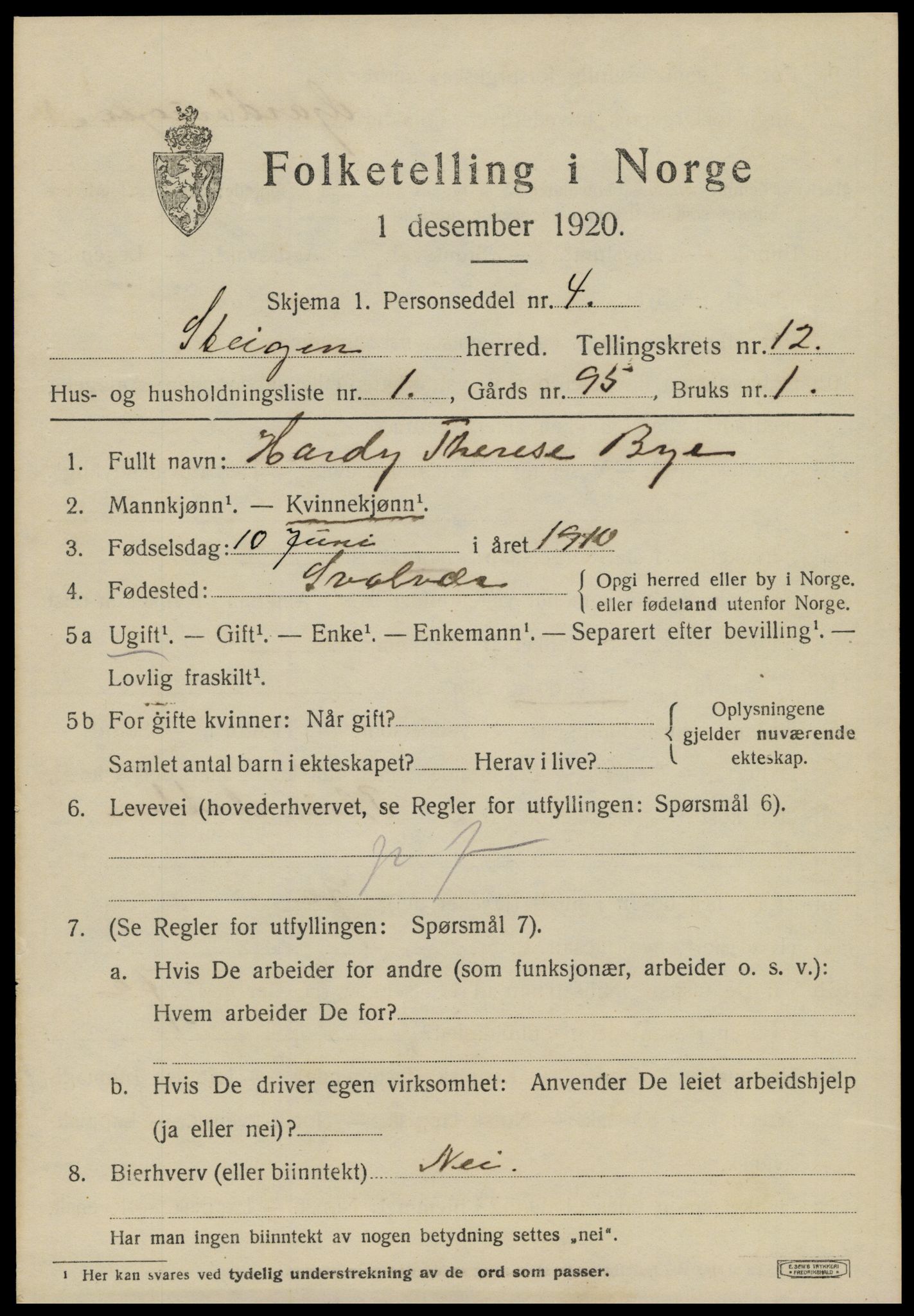 SAT, 1920 census for Steigen, 1920, p. 4770