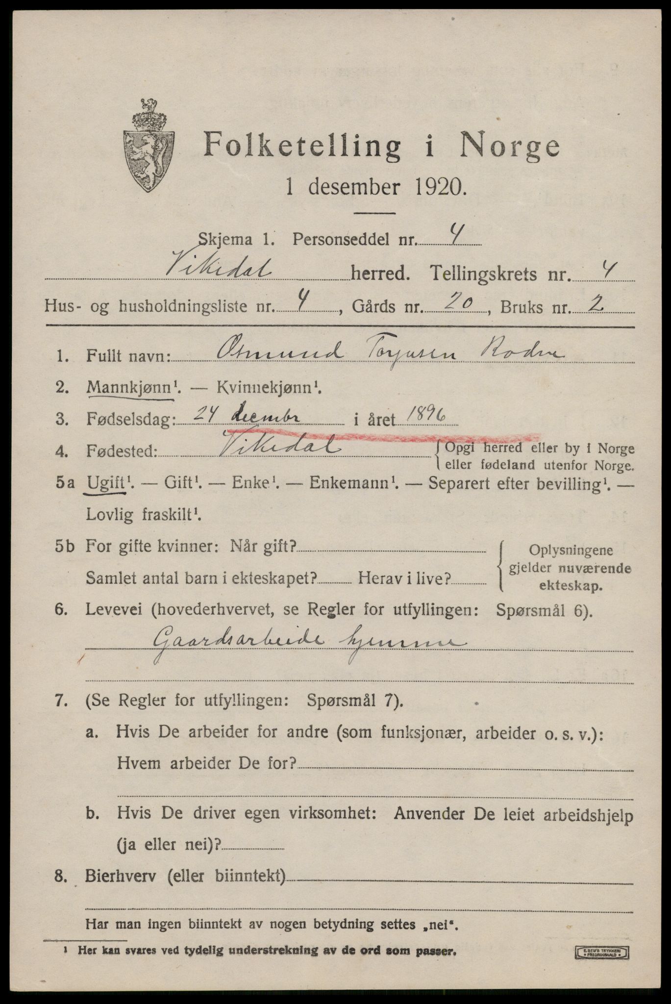 SAST, 1920 census for Vikedal, 1920, p. 2091