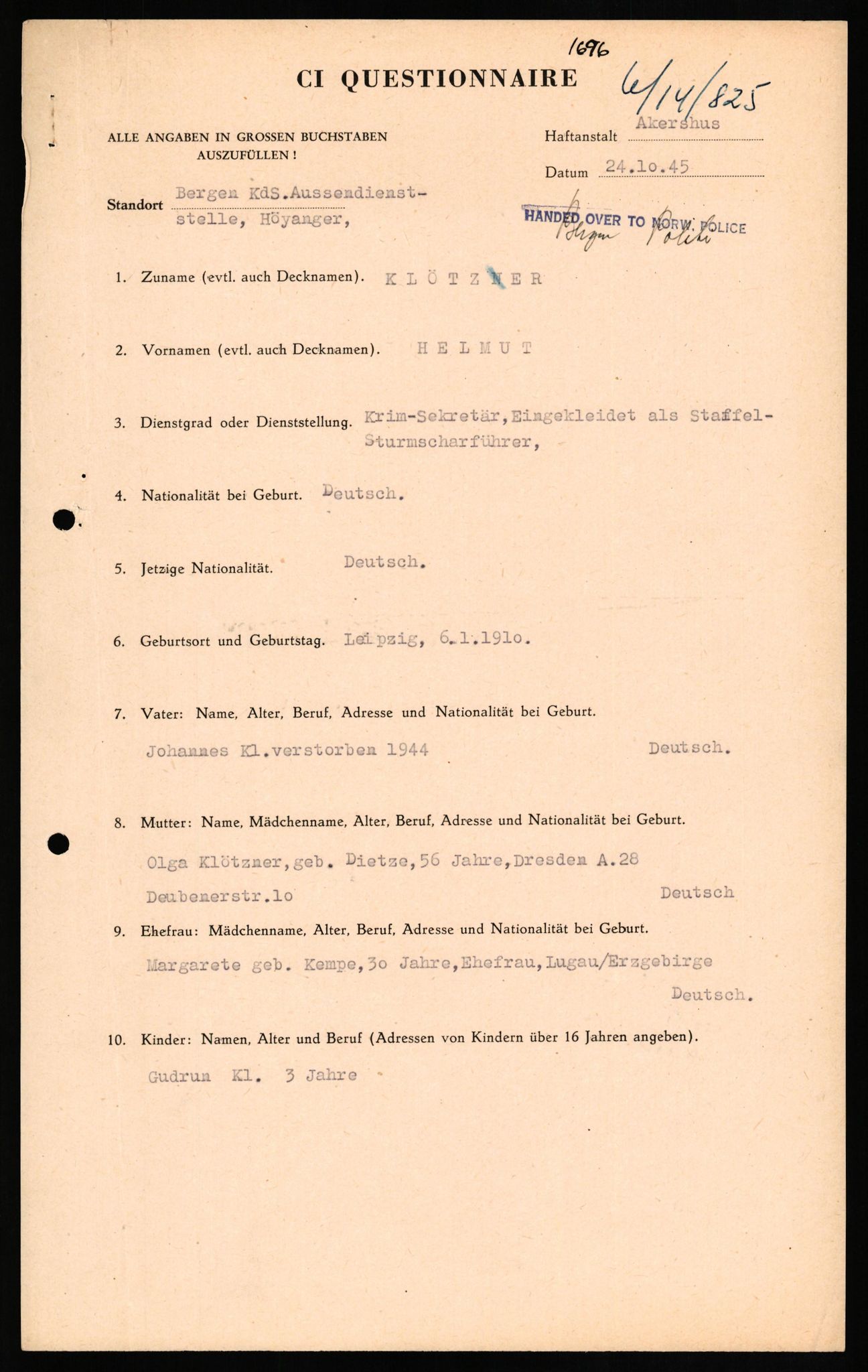 Forsvaret, Forsvarets overkommando II, AV/RA-RAFA-3915/D/Db/L0017: CI Questionaires. Tyske okkupasjonsstyrker i Norge. Tyskere., 1945-1946, p. 96