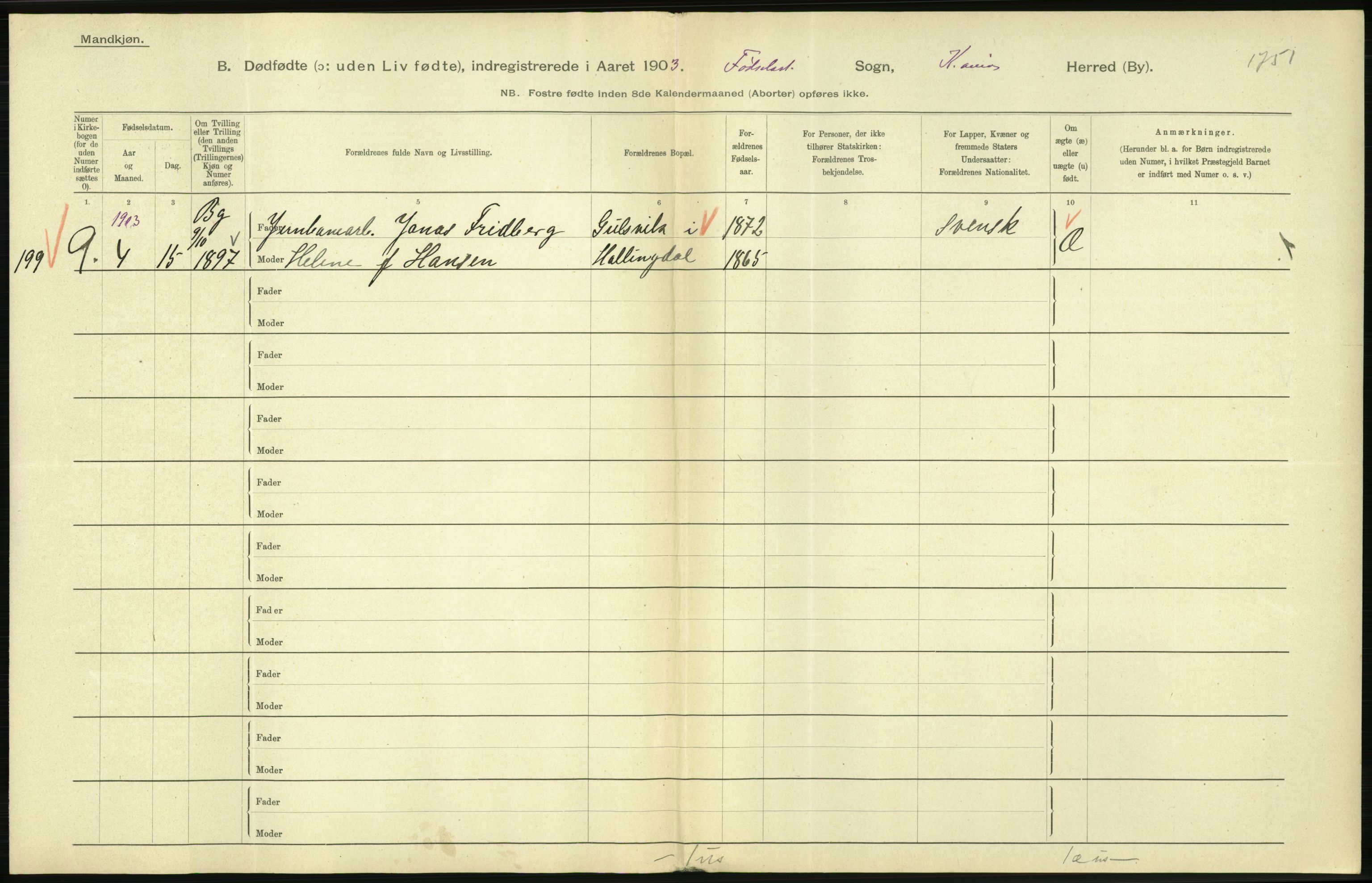 Statistisk sentralbyrå, Sosiodemografiske emner, Befolkning, AV/RA-S-2228/D/Df/Dfa/Dfaa/L0026: Smålenenes - Finnmarkens amt: Dødfødte. Byer., 1903, p. 62