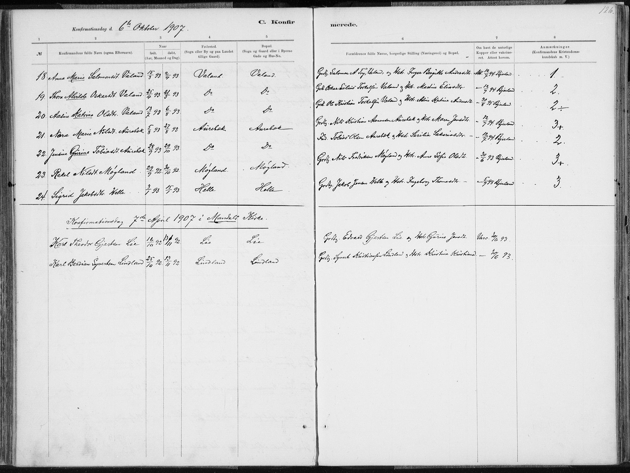 Holum sokneprestkontor, SAK/1111-0022/F/Fa/Faa/L0007: Parish register (official) no. A 7, 1884-1907, p. 126