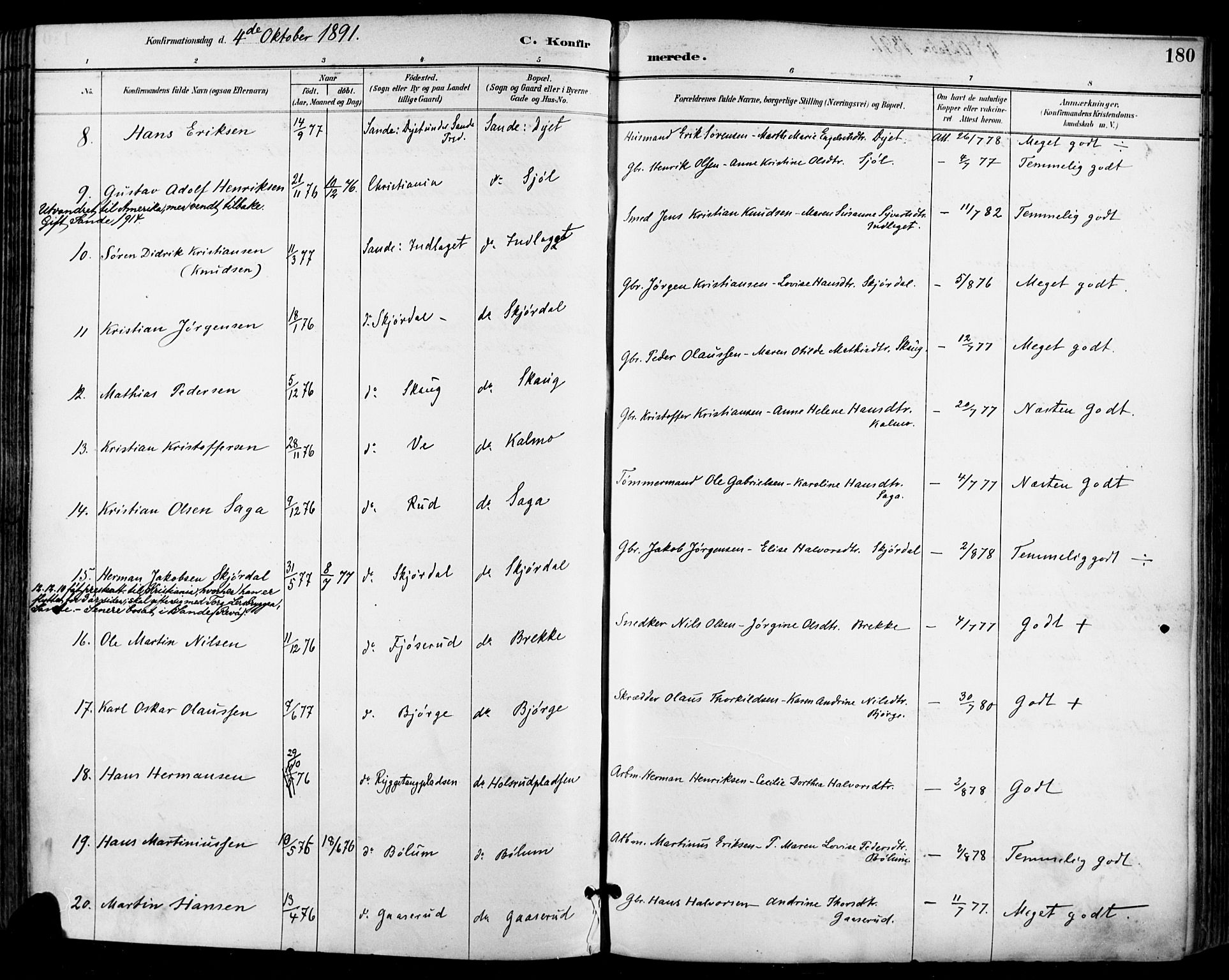 Sande Kirkebøker, AV/SAKO-A-53/F/Fa/L0007: Parish register (official) no. 7, 1888-1903, p. 180