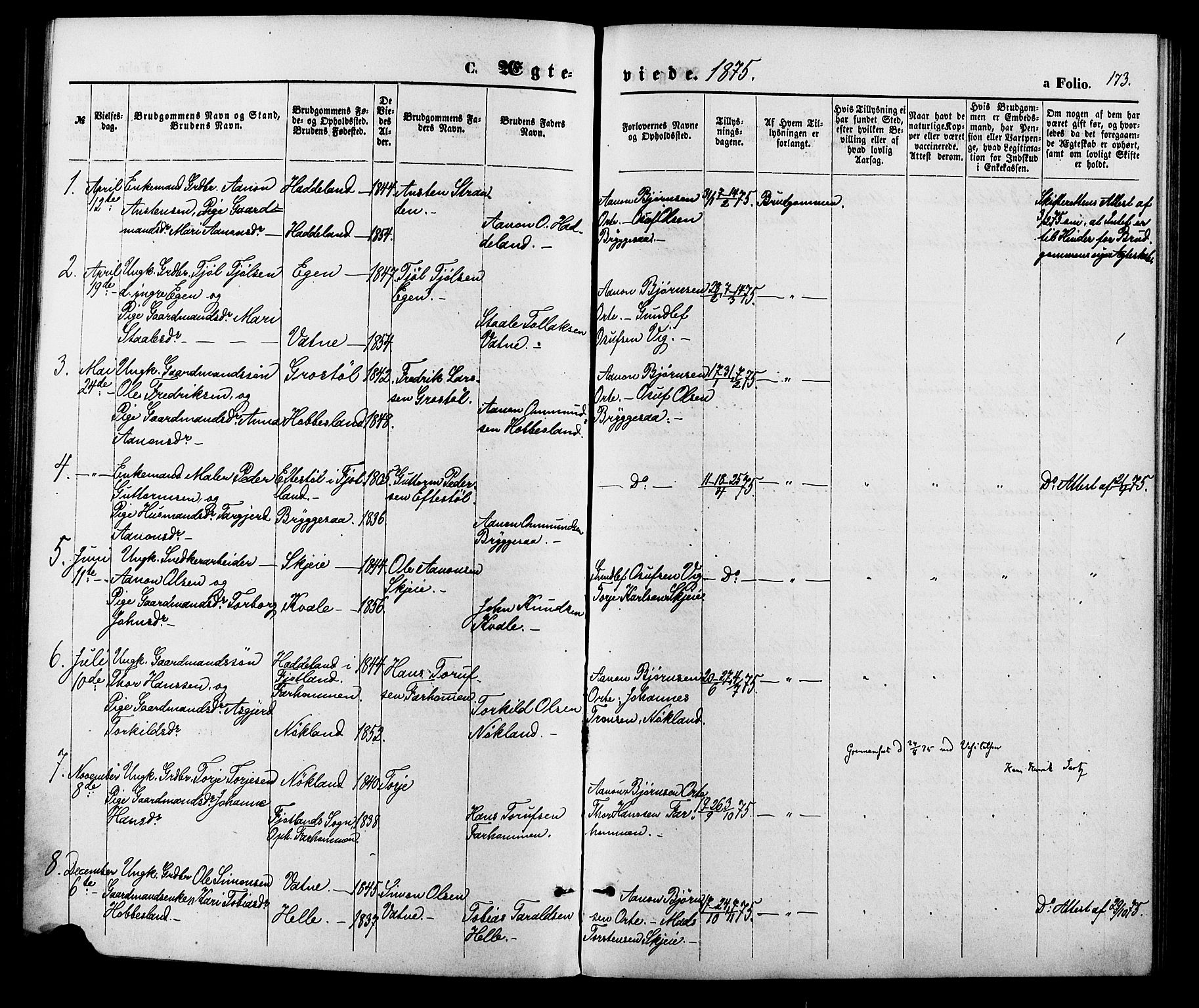 Hægebostad sokneprestkontor, SAK/1111-0024/F/Fa/Fab/L0003: Parish register (official) no. A 3, 1872-1886, p. 173