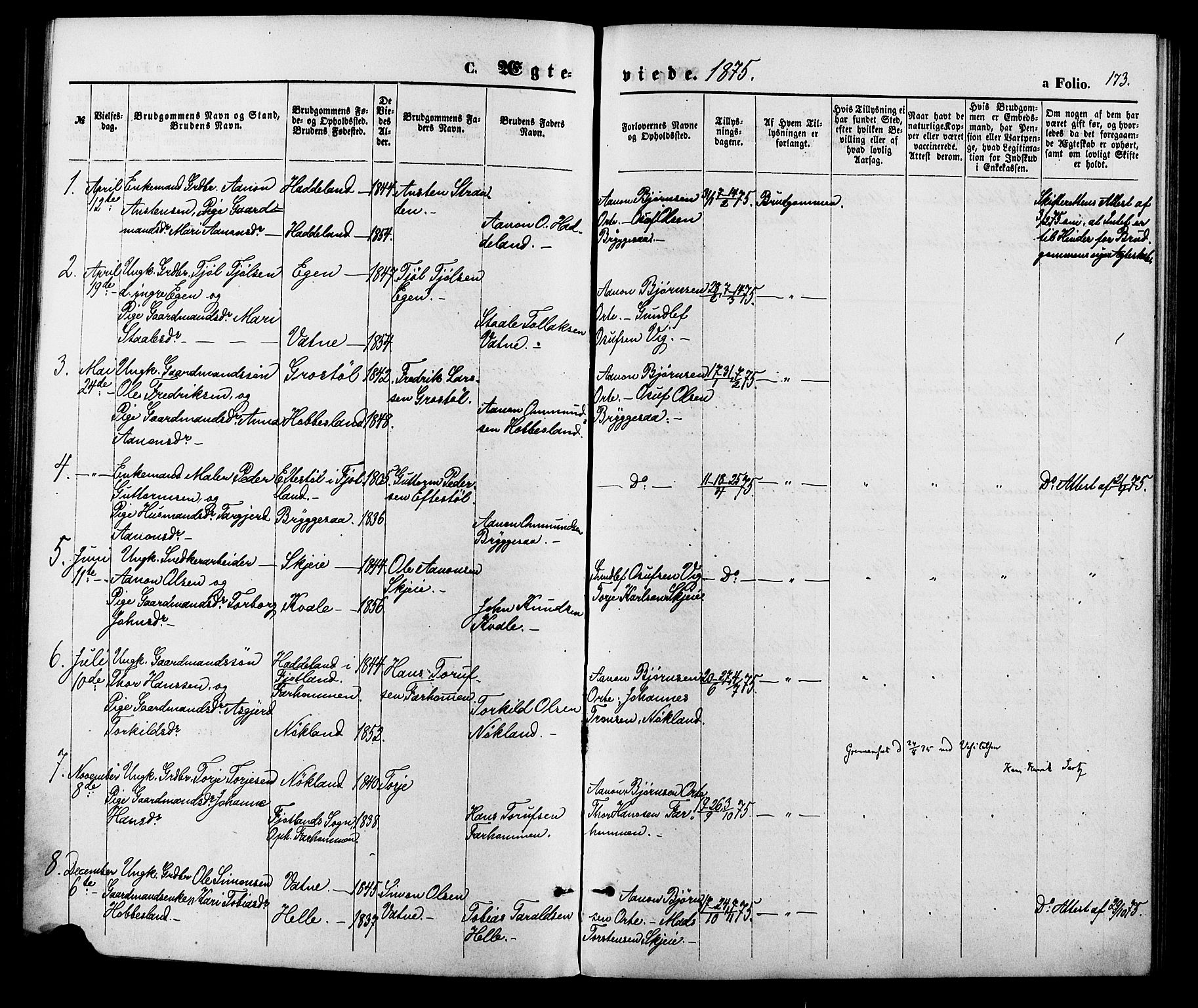 Hægebostad sokneprestkontor, AV/SAK-1111-0024/F/Fa/Fab/L0003: Parish register (official) no. A 3, 1872-1886, p. 173