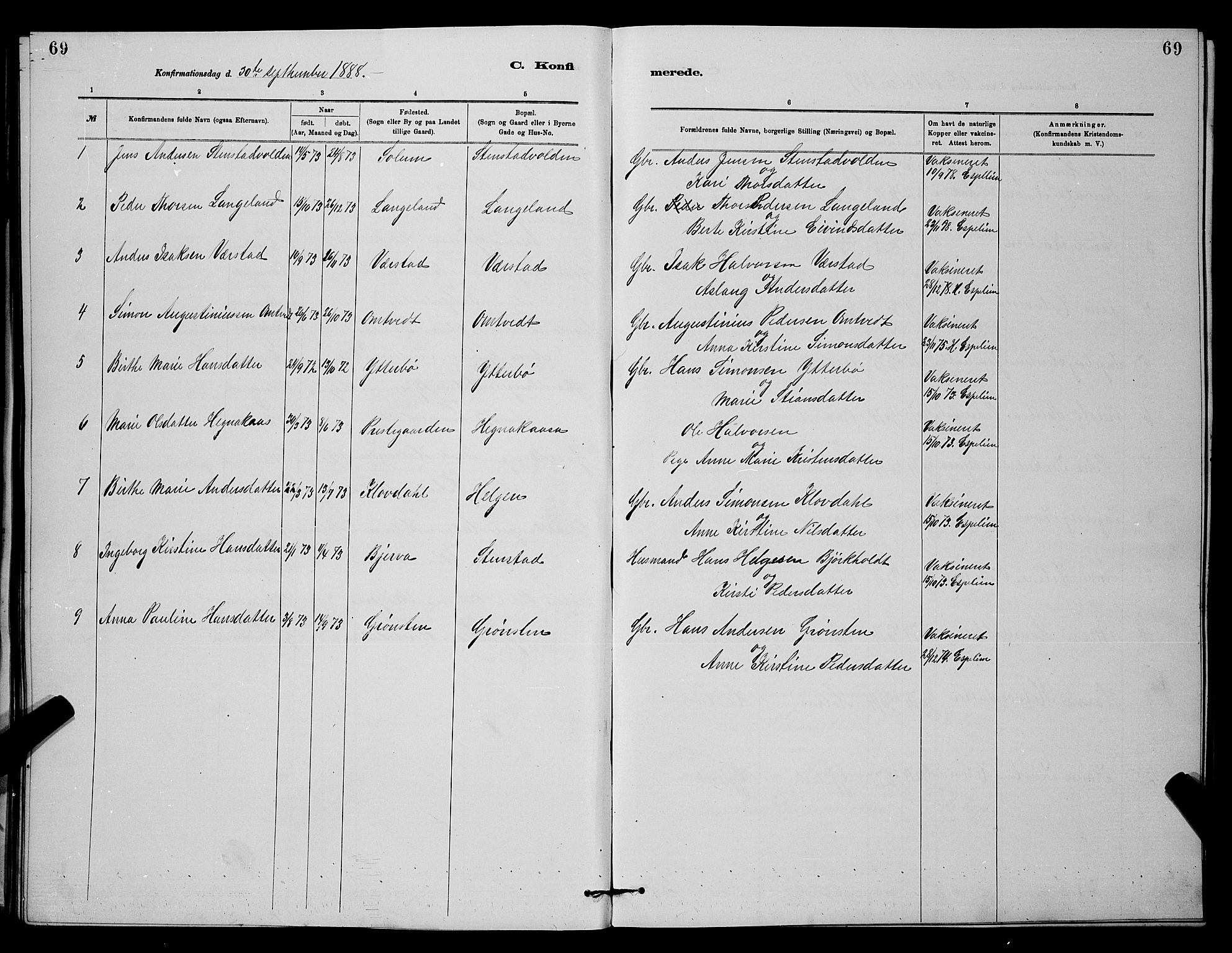 Holla kirkebøker, SAKO/A-272/G/Gb/L0001: Parish register (copy) no. II 1, 1882-1897, p. 69