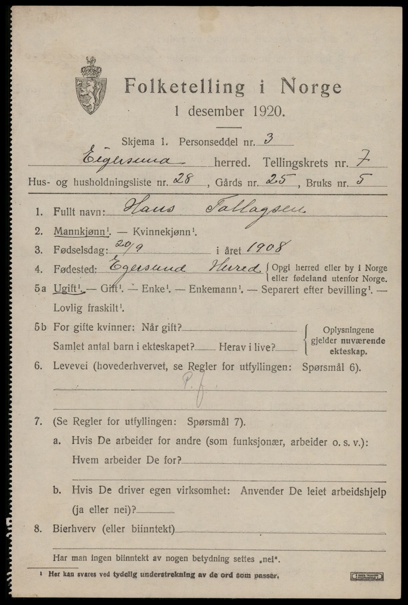 SAST, 1920 census for Eigersund, 1920, p. 4997
