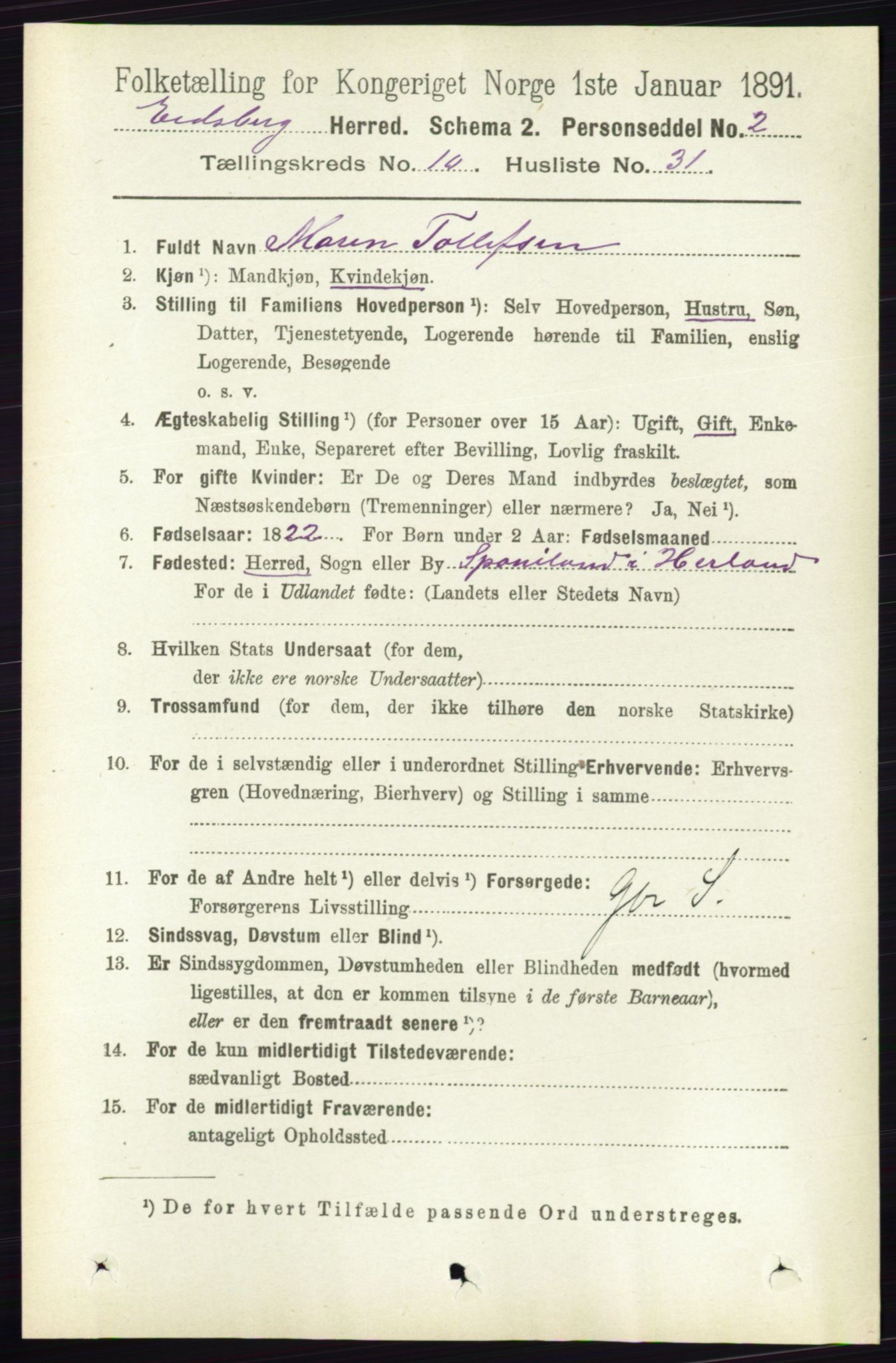 RA, 1891 census for 0125 Eidsberg, 1891, p. 5849