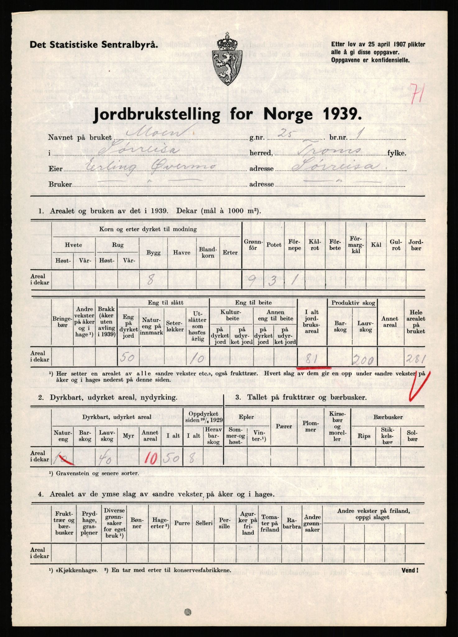 Statistisk sentralbyrå, Næringsøkonomiske emner, Jordbruk, skogbruk, jakt, fiske og fangst, AV/RA-S-2234/G/Gb/L0341: Troms: Sørreisa og Tranøy, 1939, p. 779