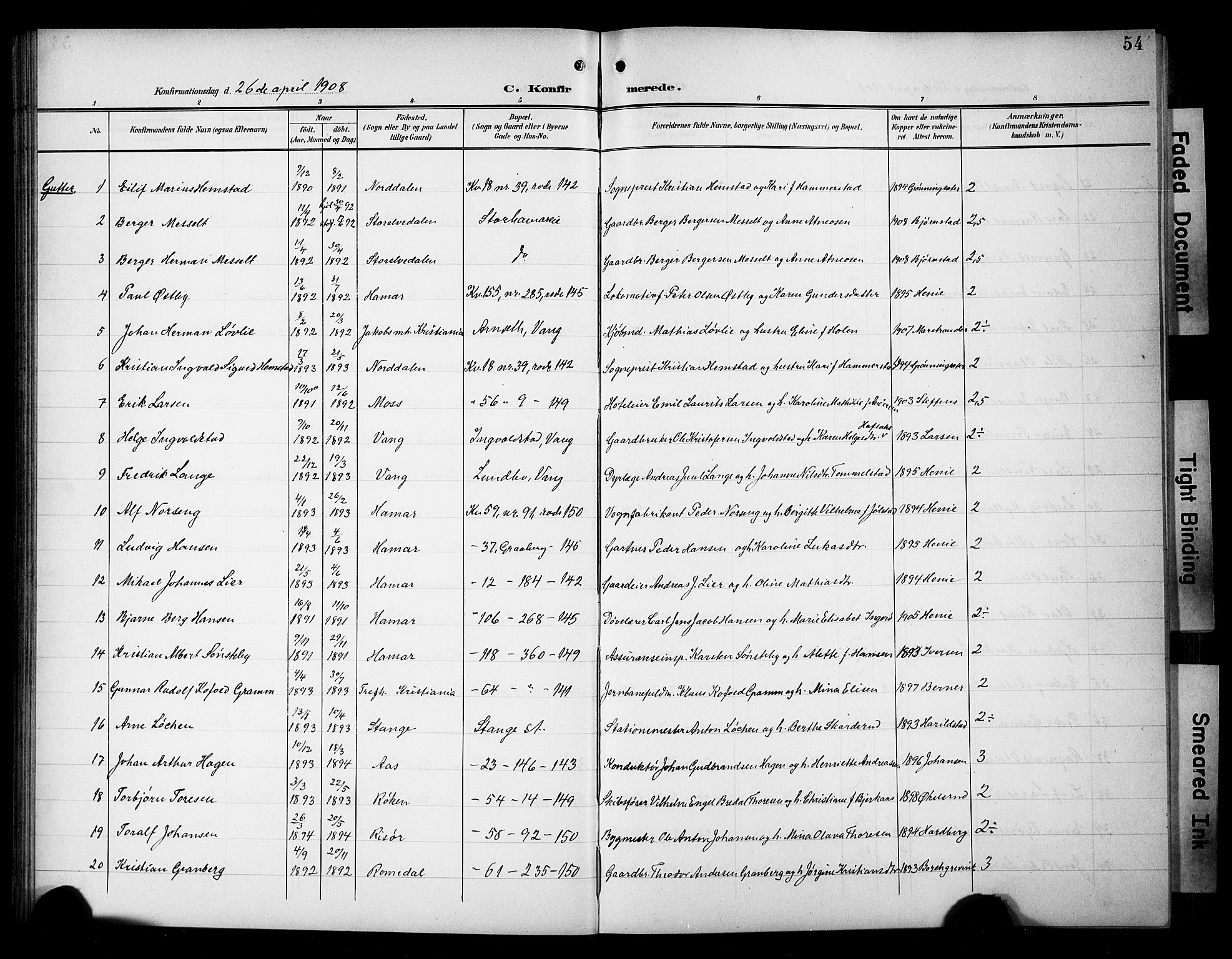 Hamar prestekontor, SAH/DOMPH-002/H/Ha/Hab/L0002: Parish register (copy) no. 2, 1899-1929, p. 54