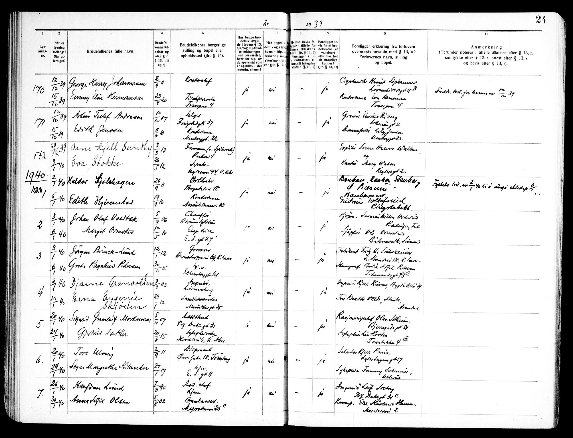 Uranienborg prestekontor Kirkebøker, SAO/A-10877/H/Hb/L0001: Banns register no. II 1, 1938-1947, p. 24