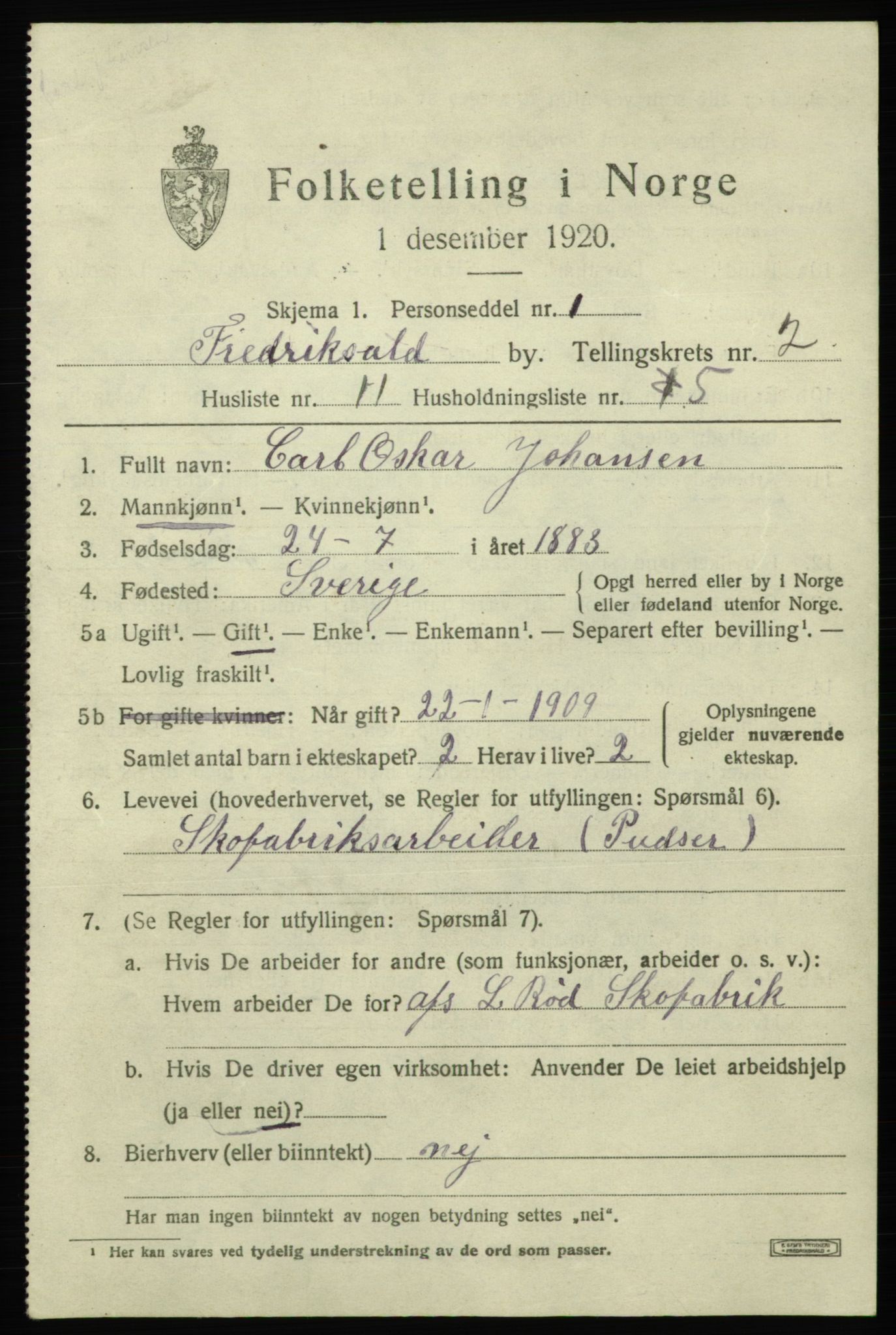 SAO, 1920 census for Fredrikshald, 1920, p. 9486