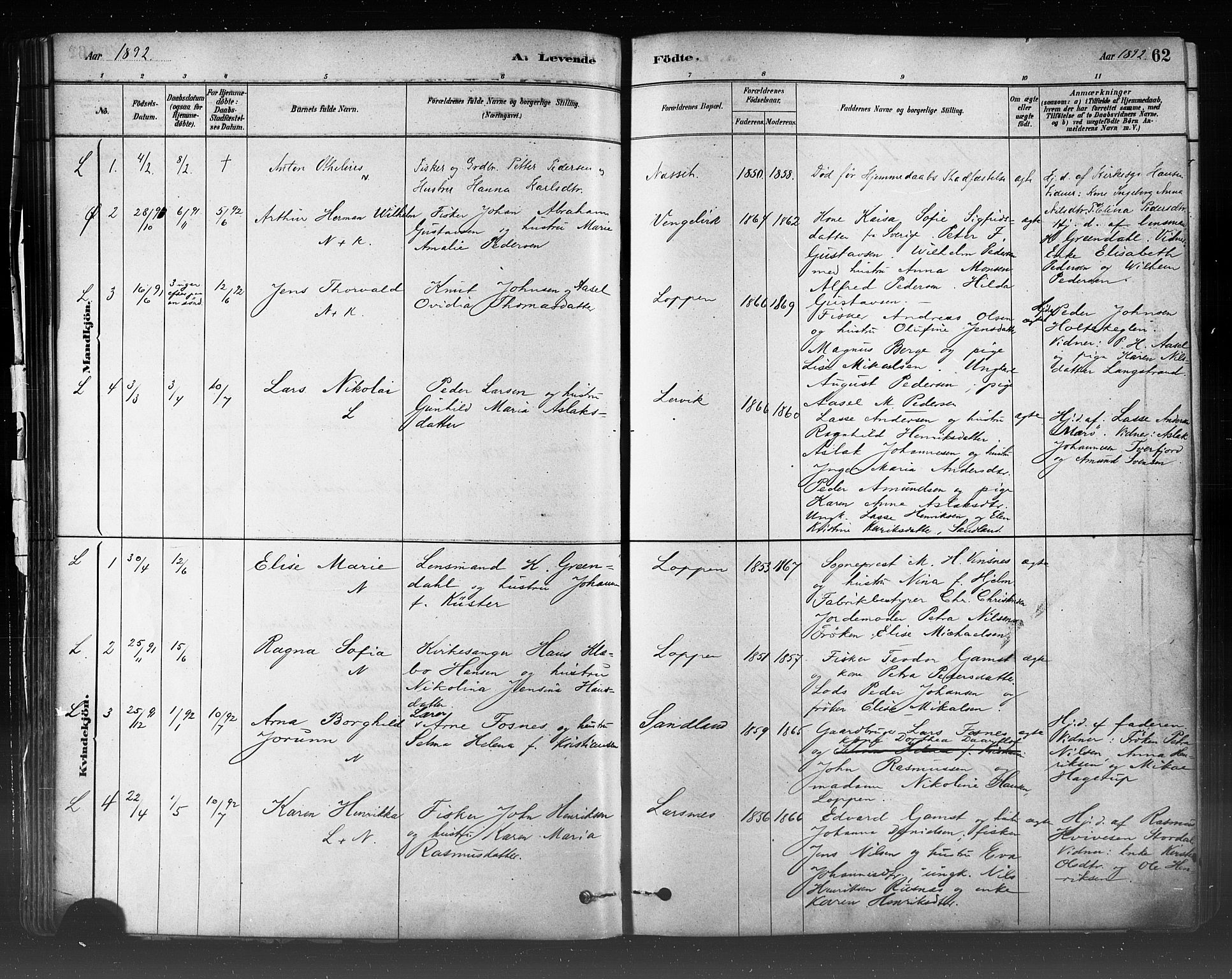 Loppa sokneprestkontor, SATØ/S-1339/H/Ha/L0006kirke: Parish register (official) no. 6, 1879-1895, p. 62
