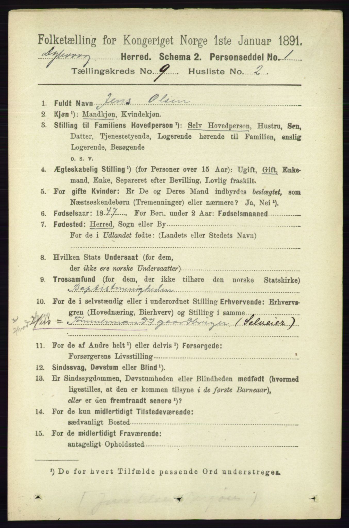 RA, 1891 census for 0915 Dypvåg, 1891, p. 3283