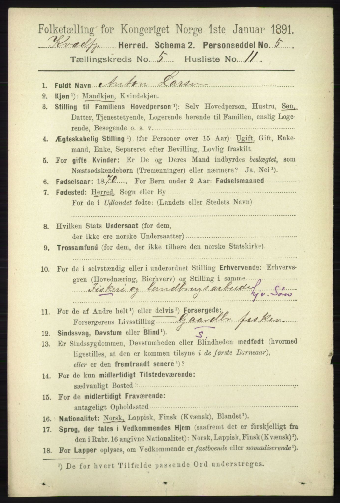 RA, 1891 census for 1911 Kvæfjord, 1891, p. 2926