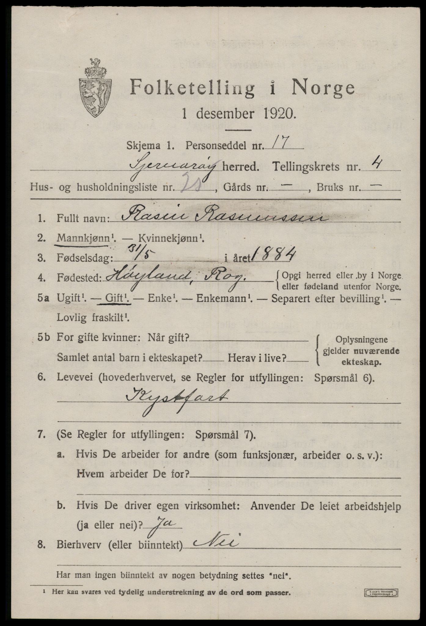 SAST, 1920 census for Sjernarøy, 1920, p. 1238