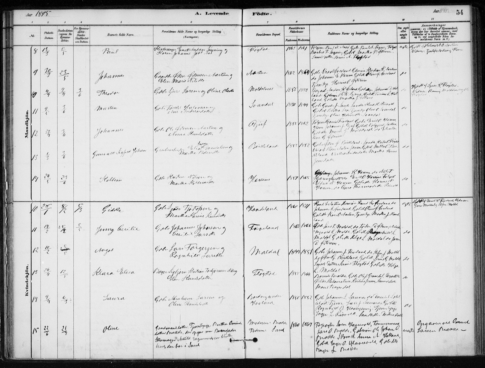 Sand sokneprestkontor, AV/SAST-A-101848/01/III/L0006: Parish register (official) no. A 6, 1880-1898, p. 54