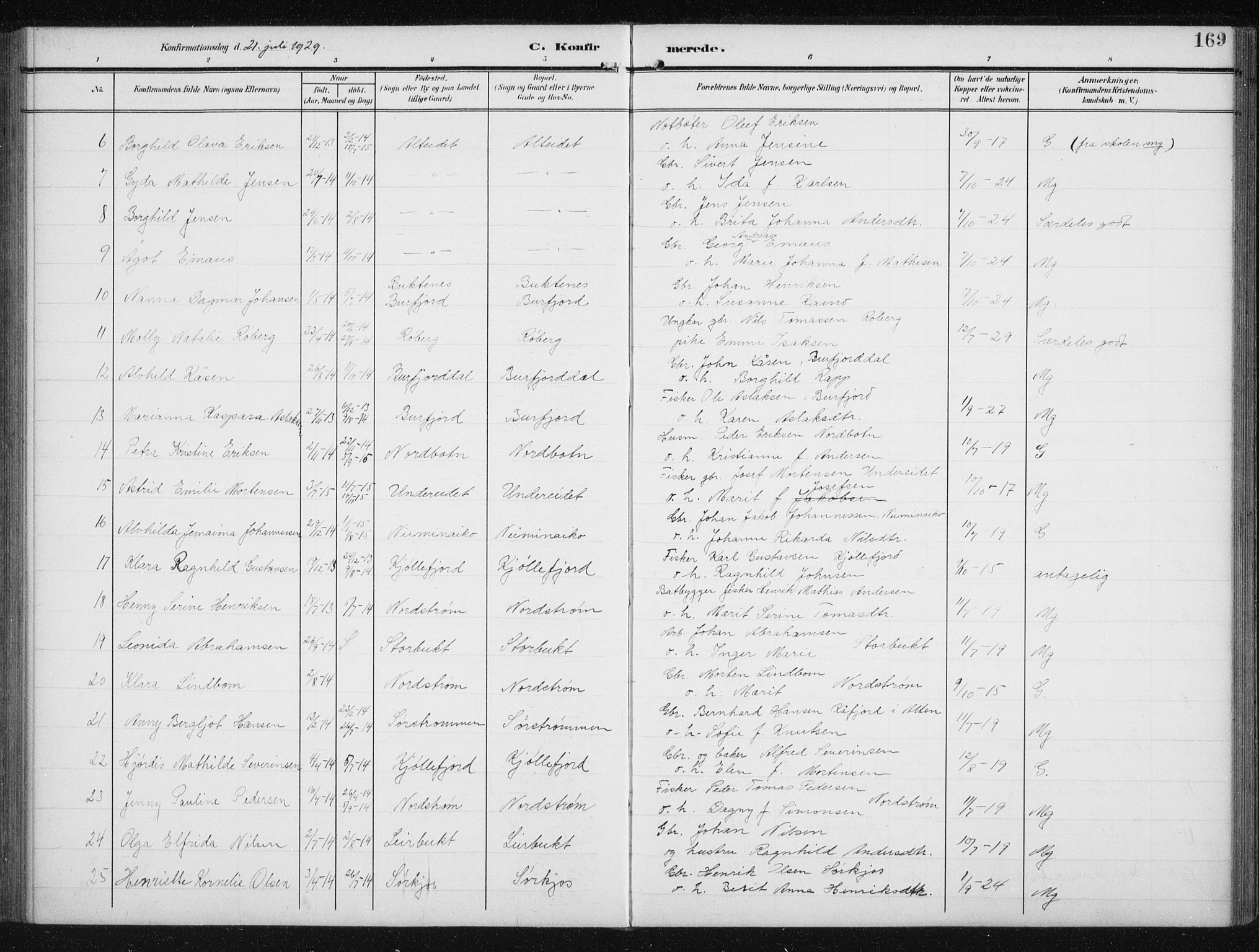 Skjervøy sokneprestkontor, AV/SATØ-S-1300/H/Ha/Hab/L0017klokker: Parish register (copy) no. 17, 1906-1941, p. 169