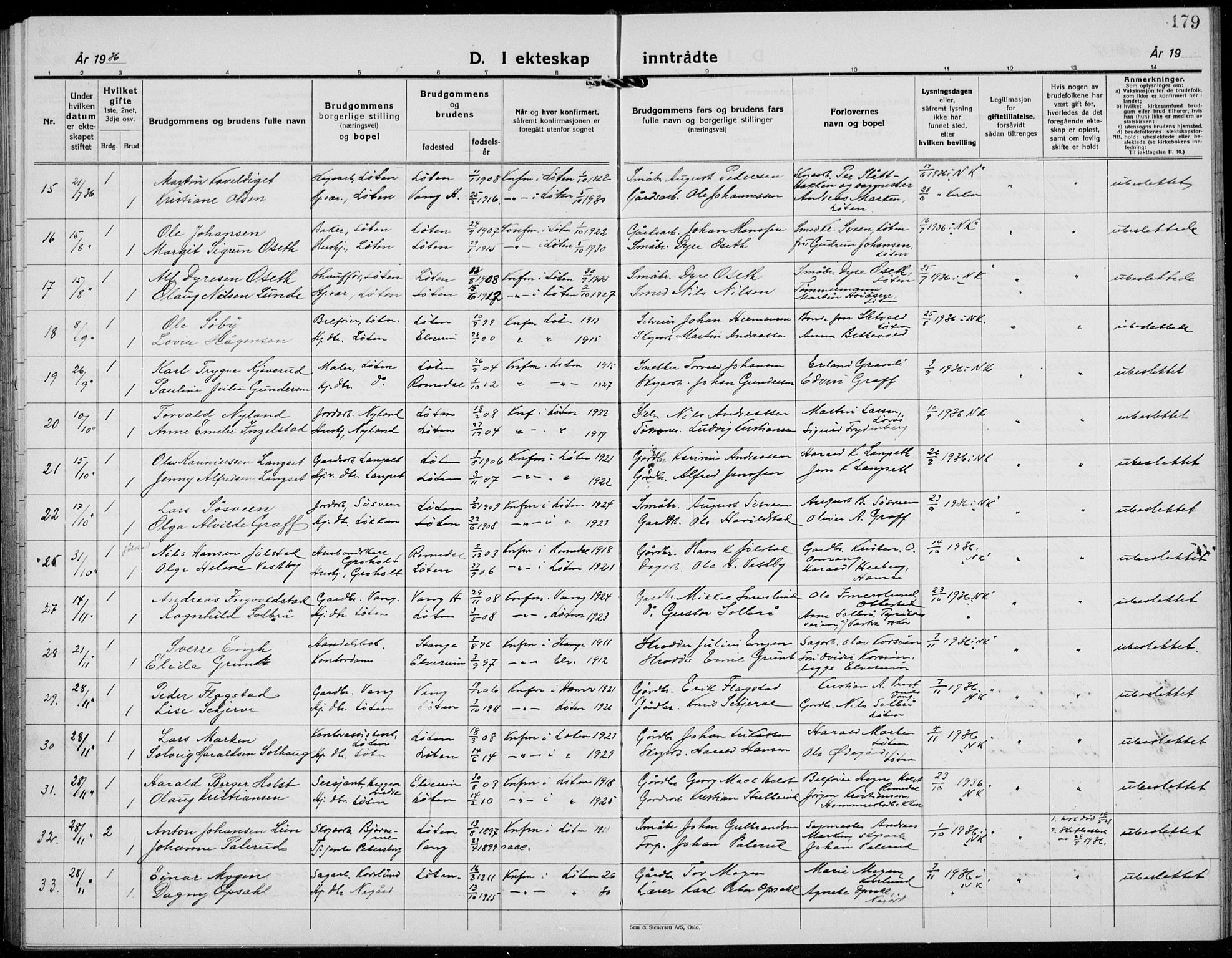 Løten prestekontor, AV/SAH-PREST-022/L/La/L0009: Parish register (copy) no. 9, 1930-1939, p. 179