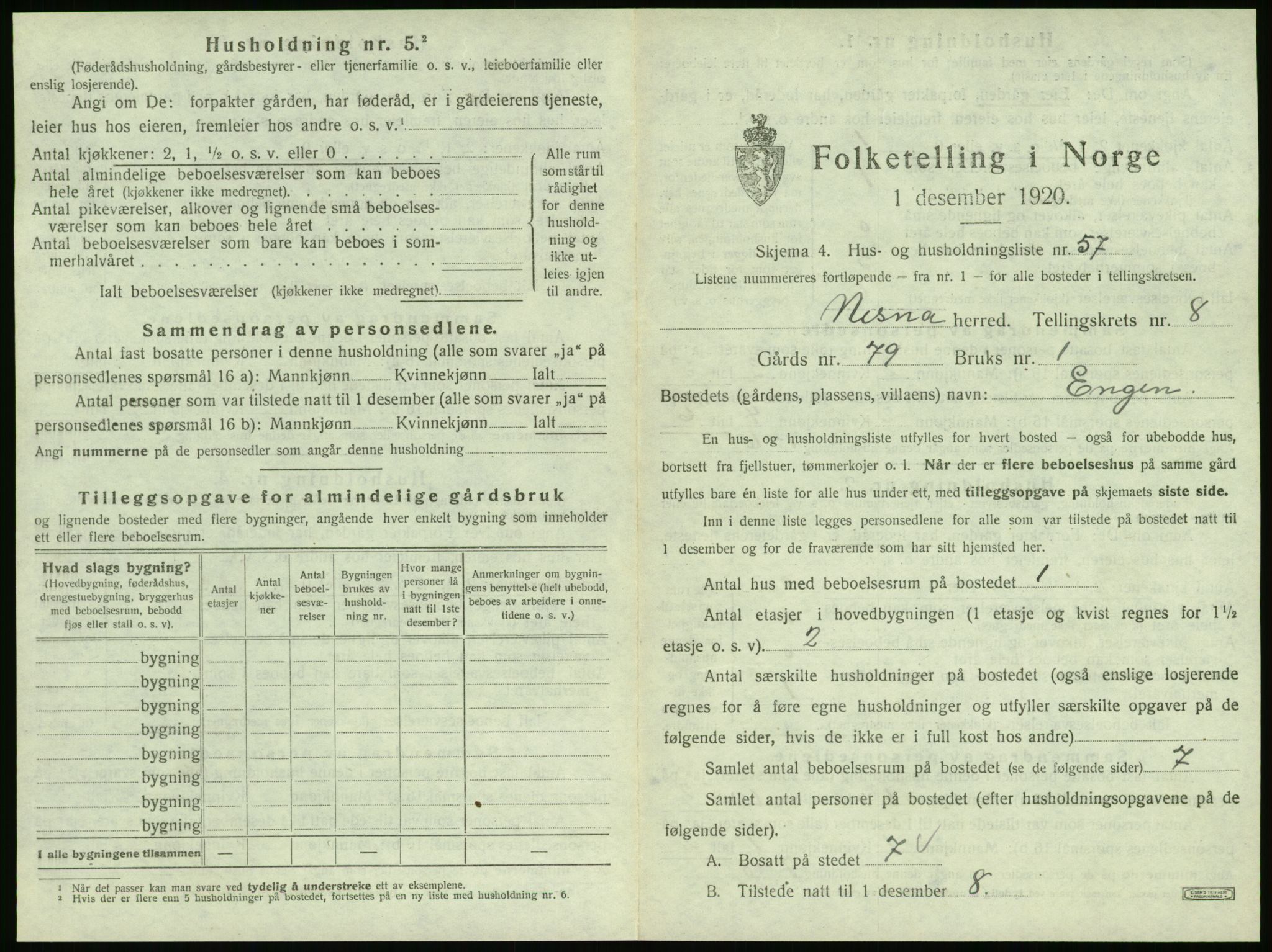 SAT, 1920 census for Nesna, 1920, p. 1043