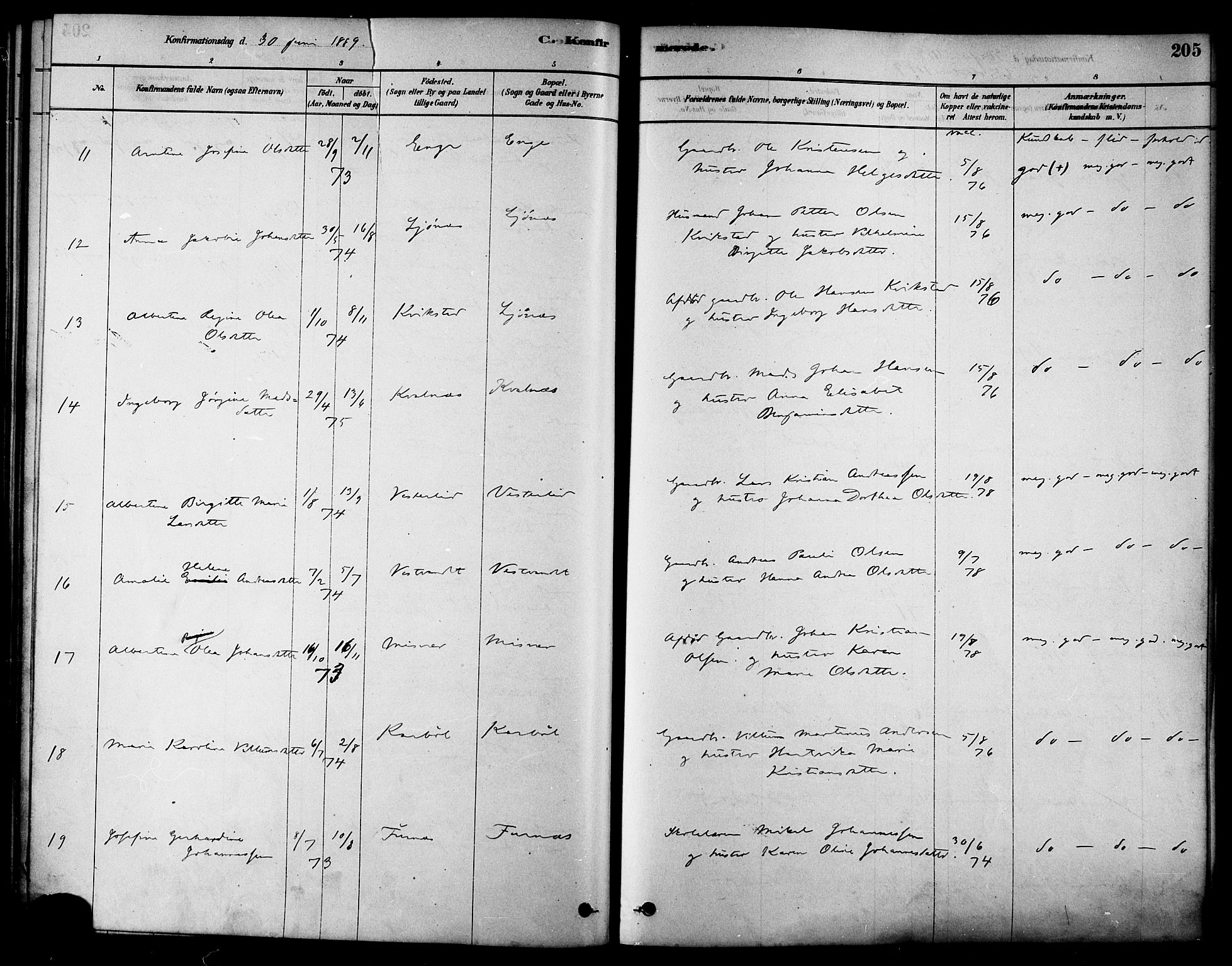 Ministerialprotokoller, klokkerbøker og fødselsregistre - Nordland, AV/SAT-A-1459/852/L0740: Parish register (official) no. 852A10, 1878-1894, p. 205